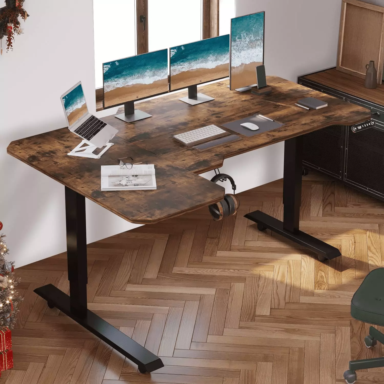 CometMin 59-Inch Electric Height Adjustable L-Shaped Computer Desk Rustic Brown Top Black Frame Corner Standing Desk