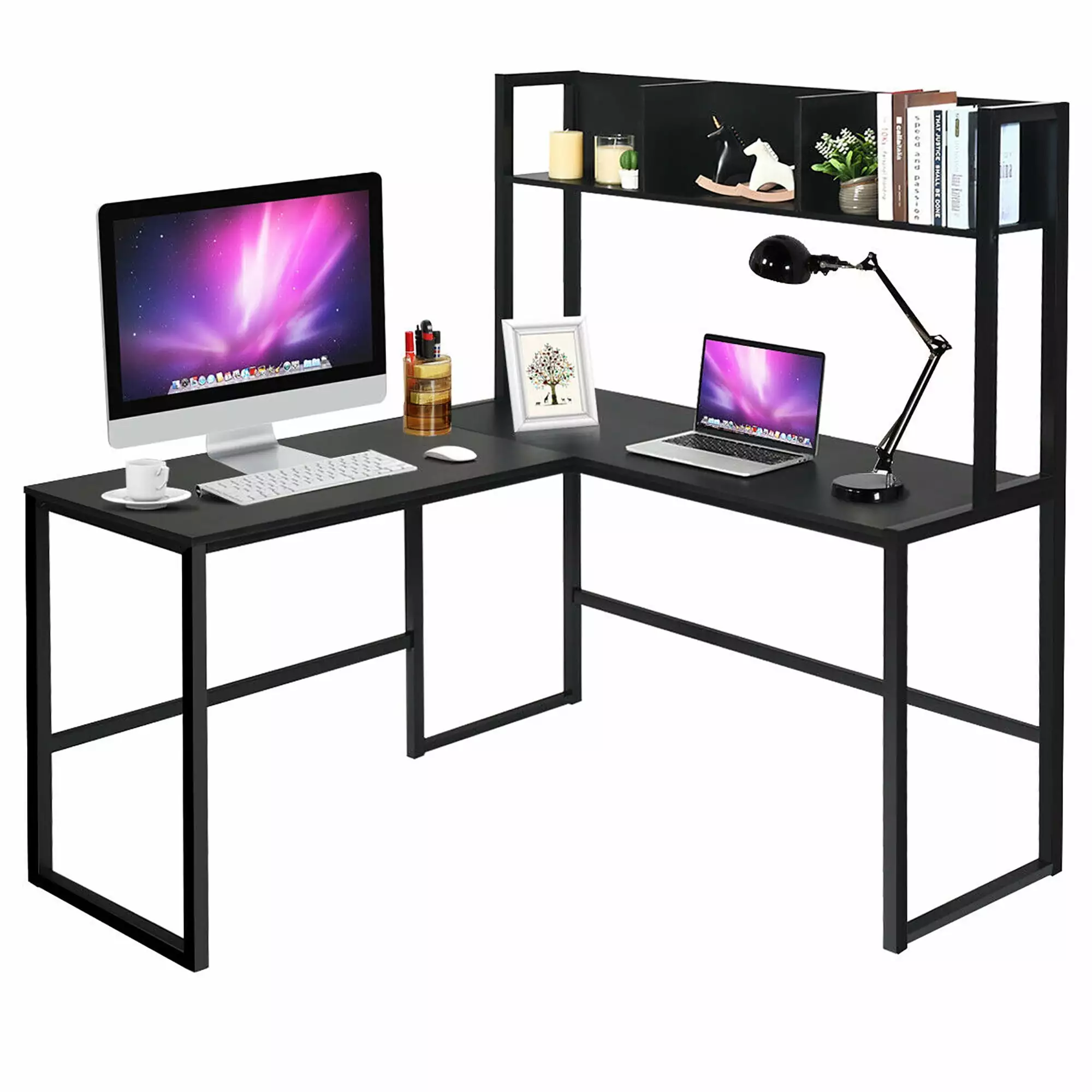 Costway 55 Inch L-Shaped Corner Computer Desk Hutch Black Home Office Desk