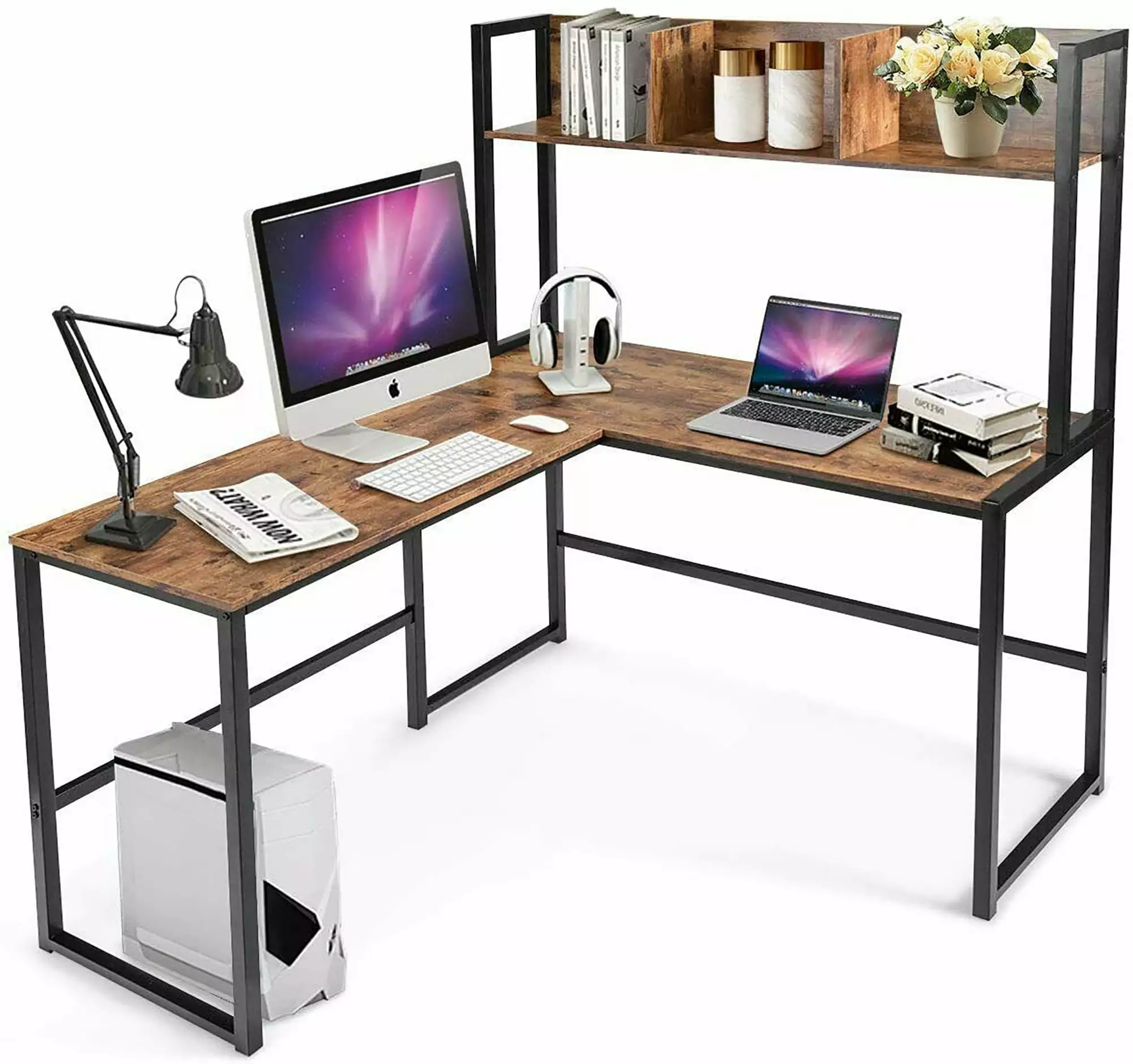 Costway 55 Inch L-Shaped Corner Computer Desk Hutch Gaming Table Bookshelf