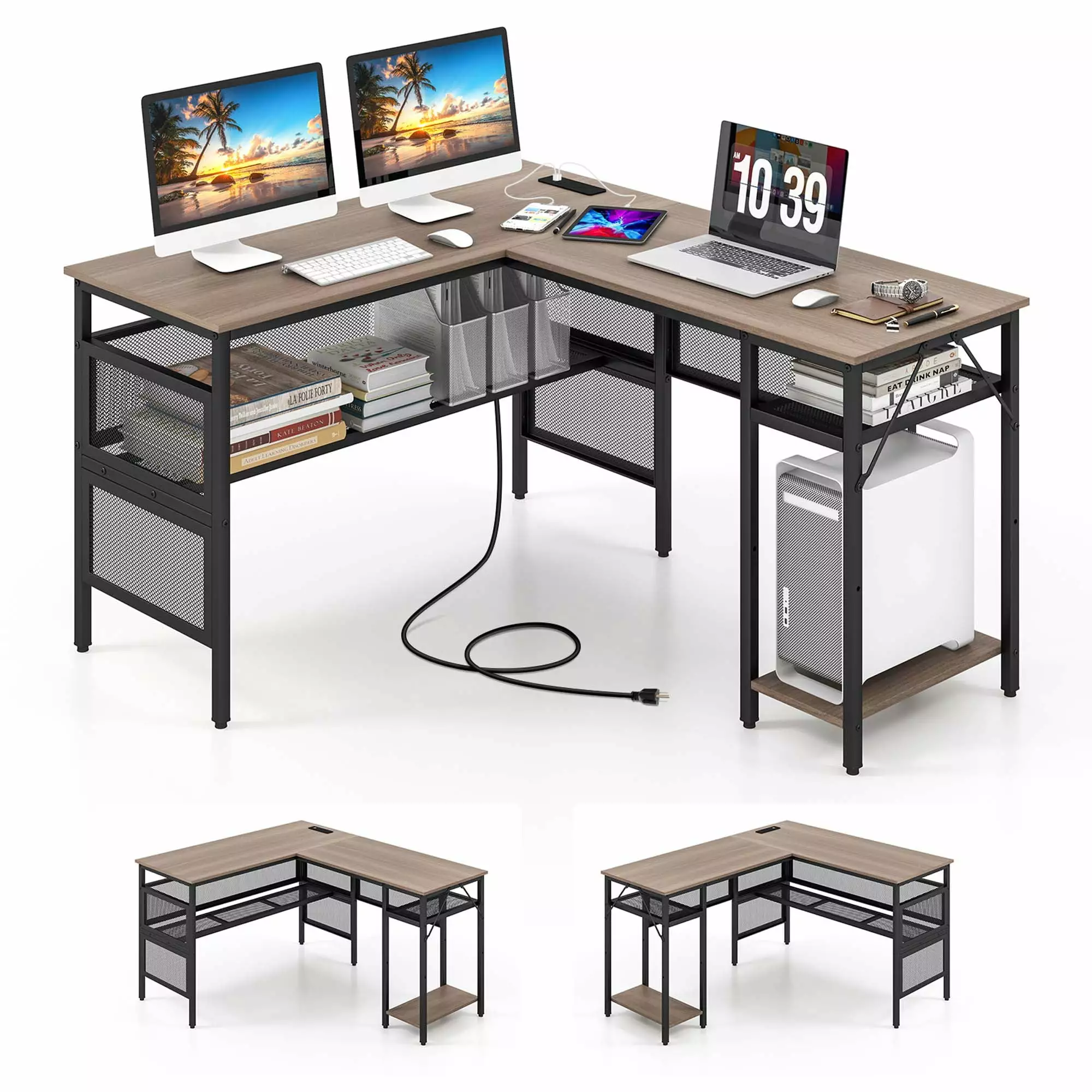 Costway Reversible L-Shaped Computer Desk Charging Station Adjustable Shelf CPU Stand Home Office