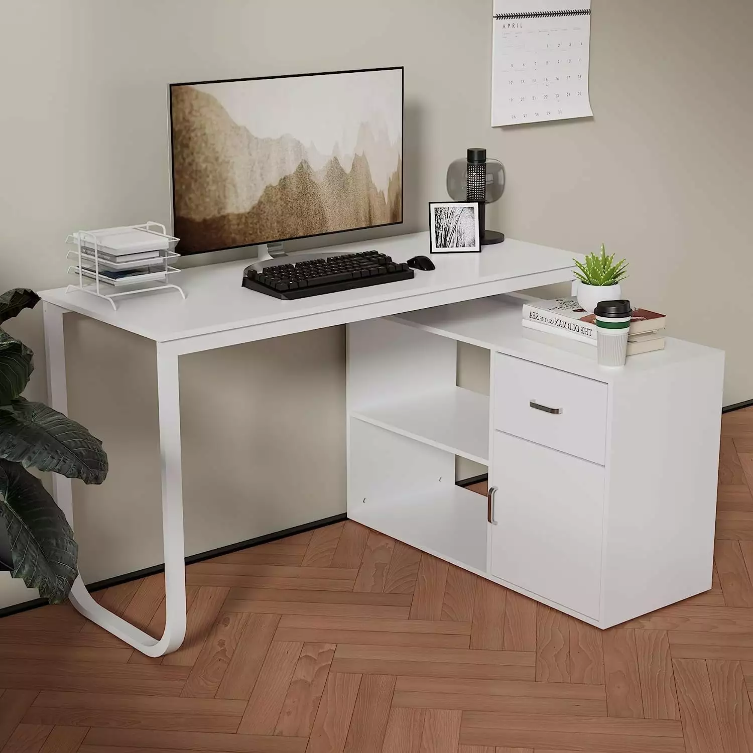 Cozy Castle L-Shaped Computer Desk Drawer and Shelves White Home Office Corner Desk