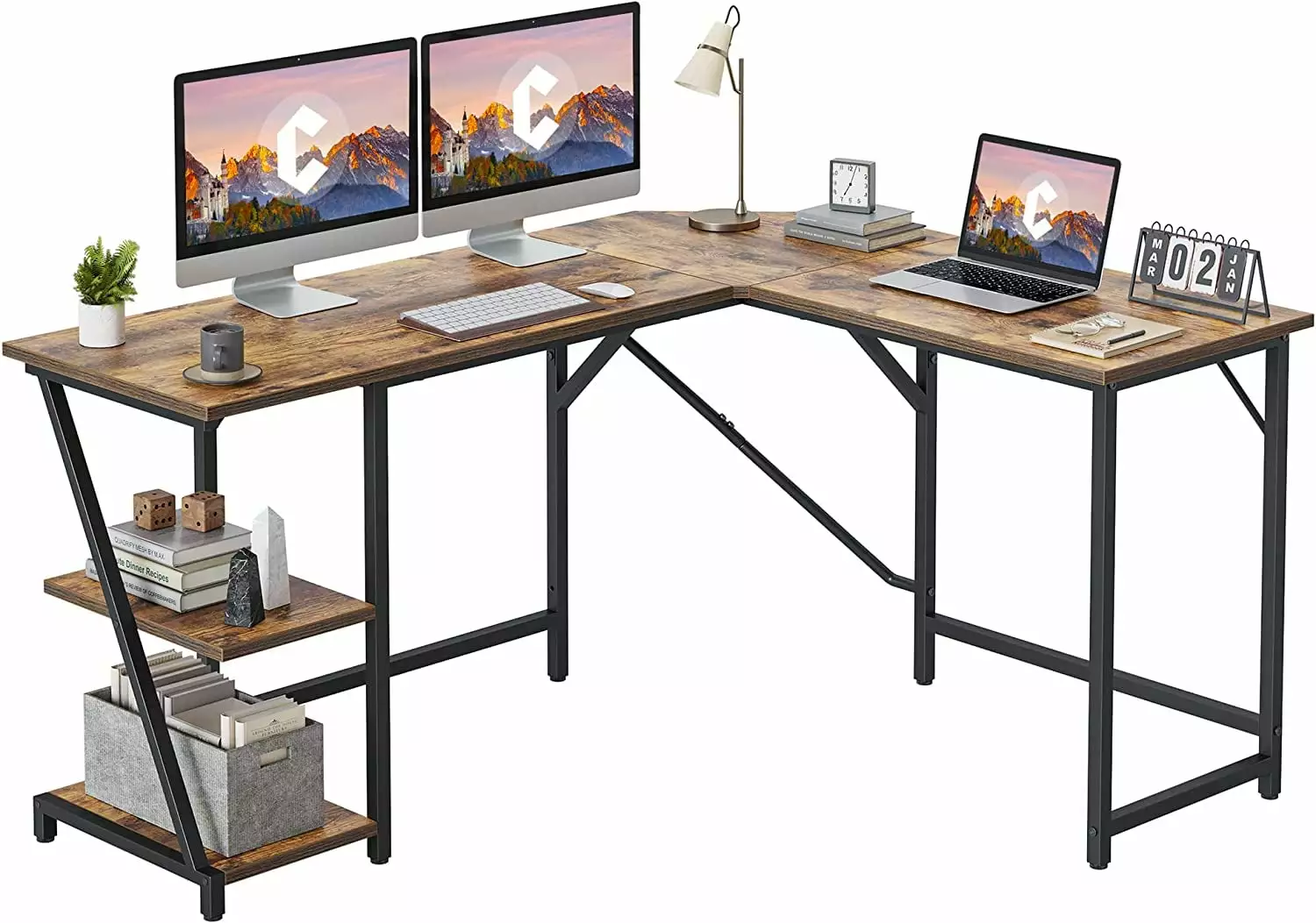 CubiCubi L Shaped Computer Desk 59.1 inch Office Desk Storage Shelves Corner Desk Home Office Rustic Brown