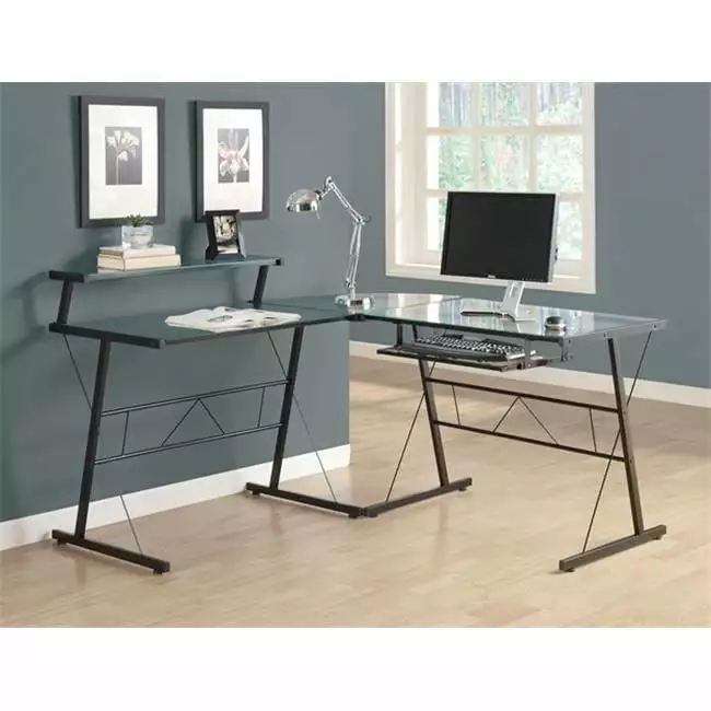 Black Metal L-Shaped Computer Desk Tempered Glass Home Office Daphne's Dinnette