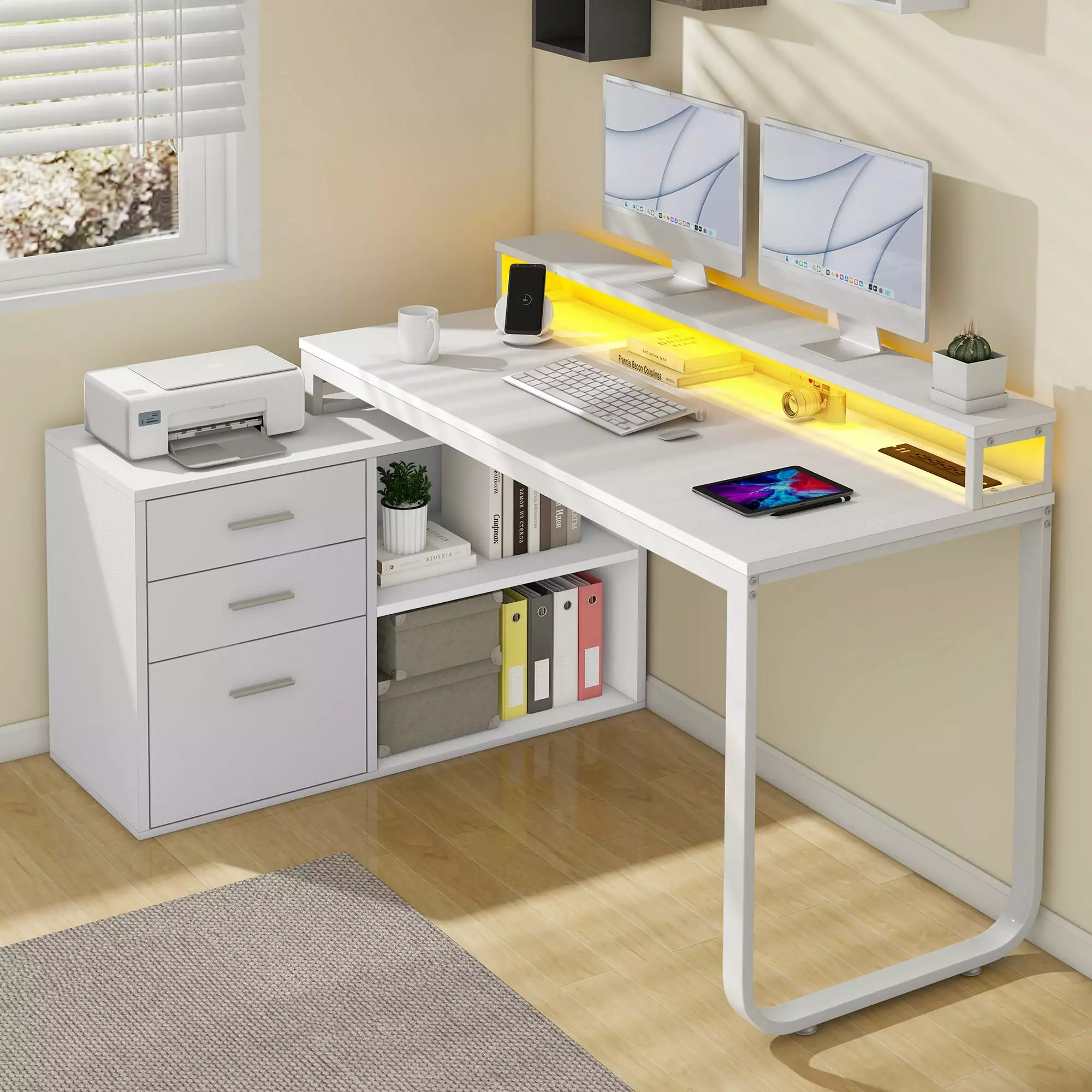 Dextrus 55 inch L Computer Shaped Desk Power Outlets & LED Corner Desk Office Desk File Cabinet Bedroom Home Office White ...