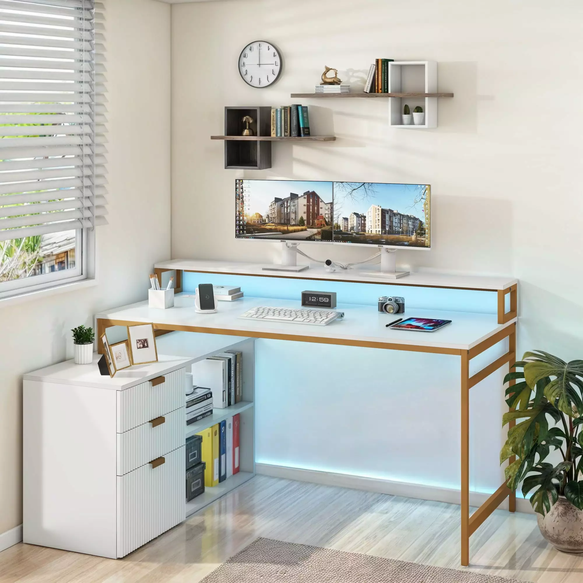 Dextrus 55 Inch L-Shaped Desk File Cabinet Drawers Power Outlet and LED Office