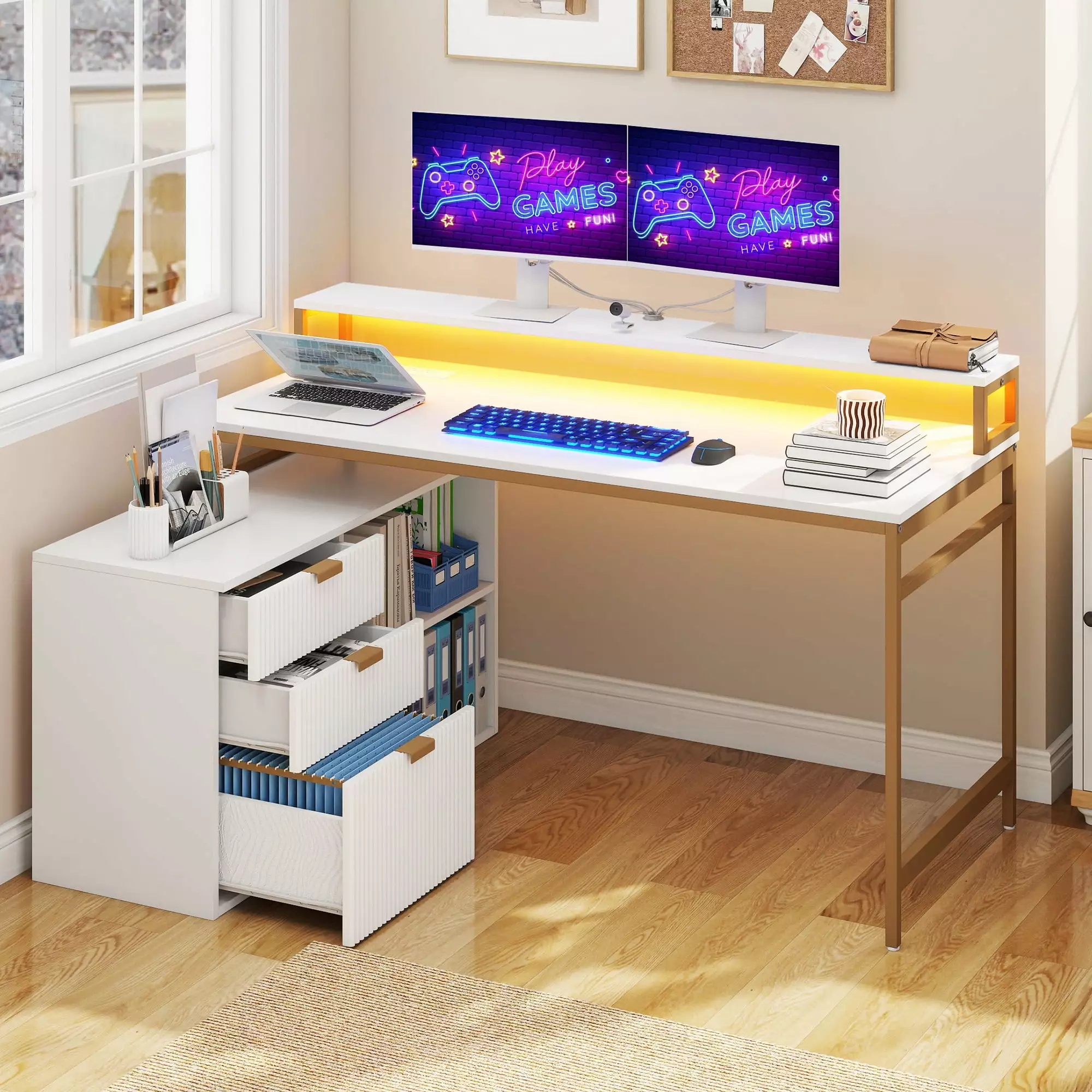Dextrus L-Shaped Desk File Cabinet 55 Inch Computer Desk Power Outlet LED Office Desk