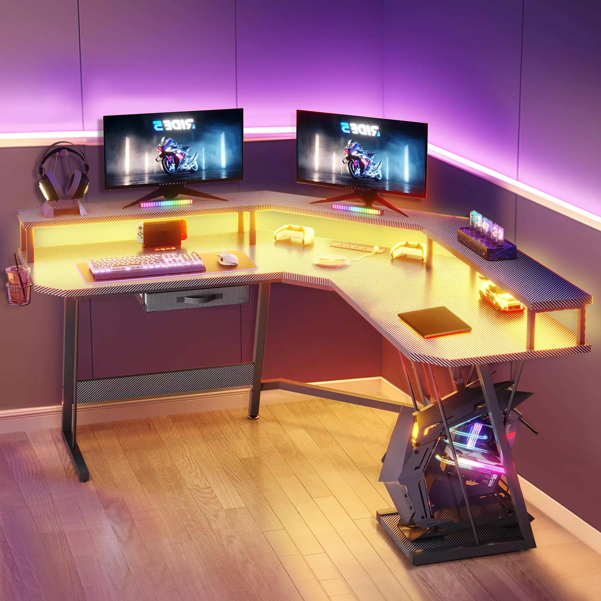 Dextrus L-Shaped Gaming Desk Monitor Riser Stand and LED Lights