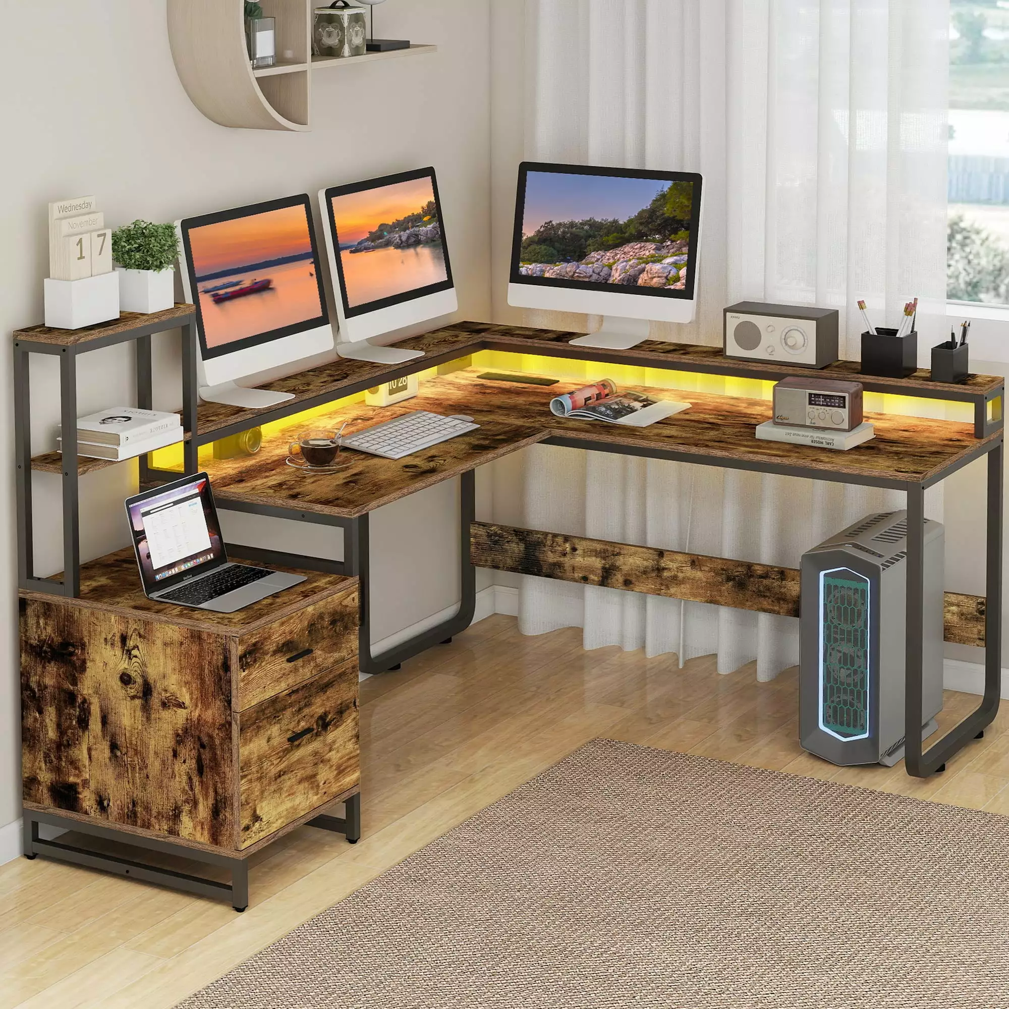 Dextrus Rustic Brown L Shaped Desk Power Outlets LED Lights and Storage Shelves