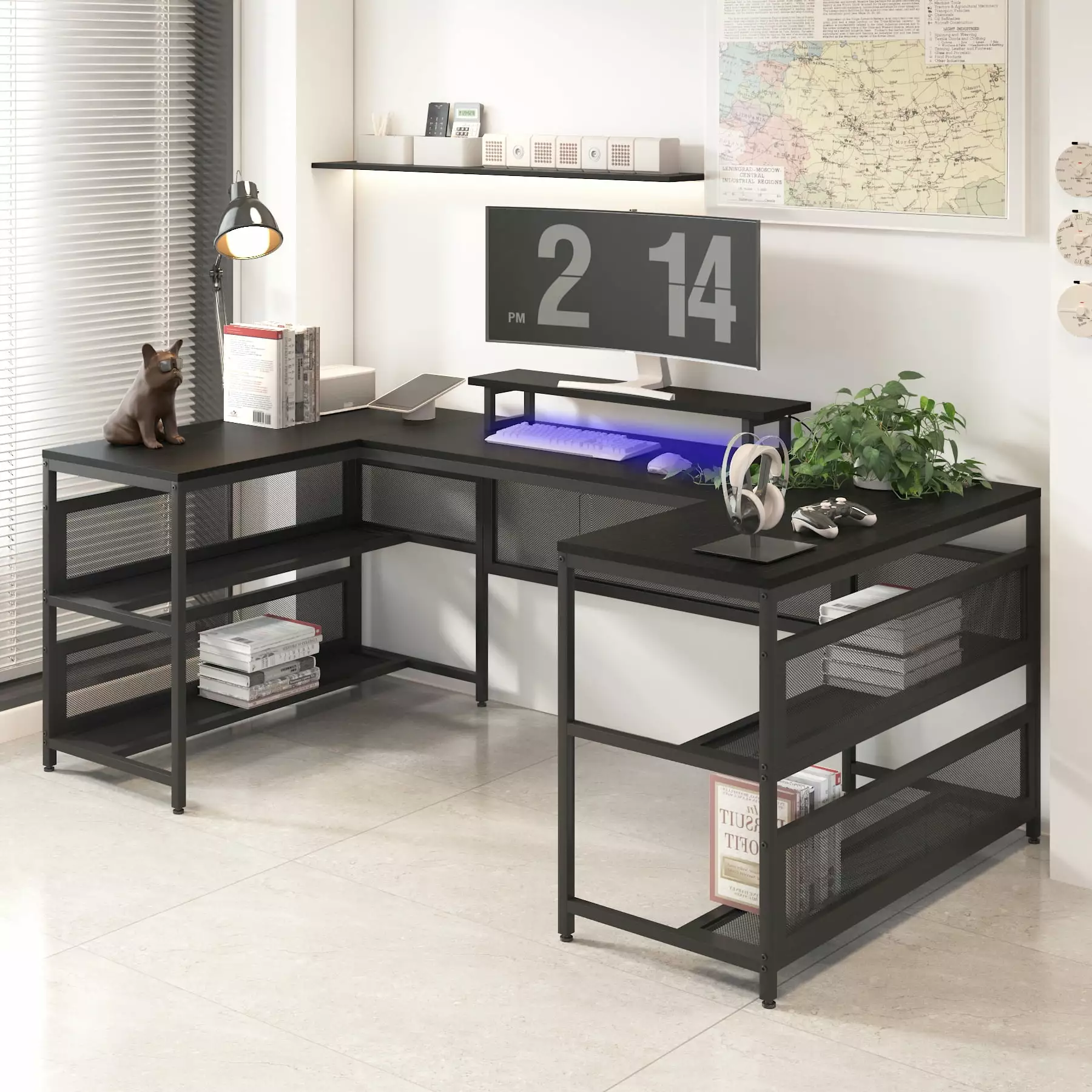 U Shaped Desk Shelve & LED Lights - 82 Inch Reversible L Shaped Desk Monitor Stand 2 Person Home Office Black DLPIN