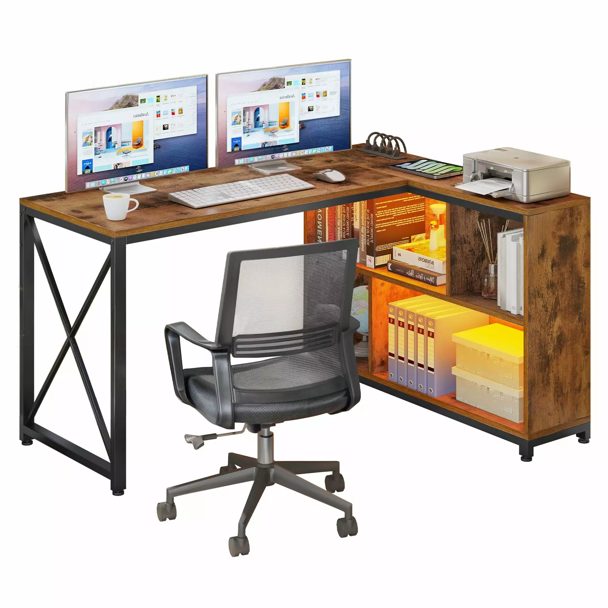 DWVO 55 Inch L Shaped Desk LED Light Power Outlets Reversible Corner Computer Desk Home Office Brown