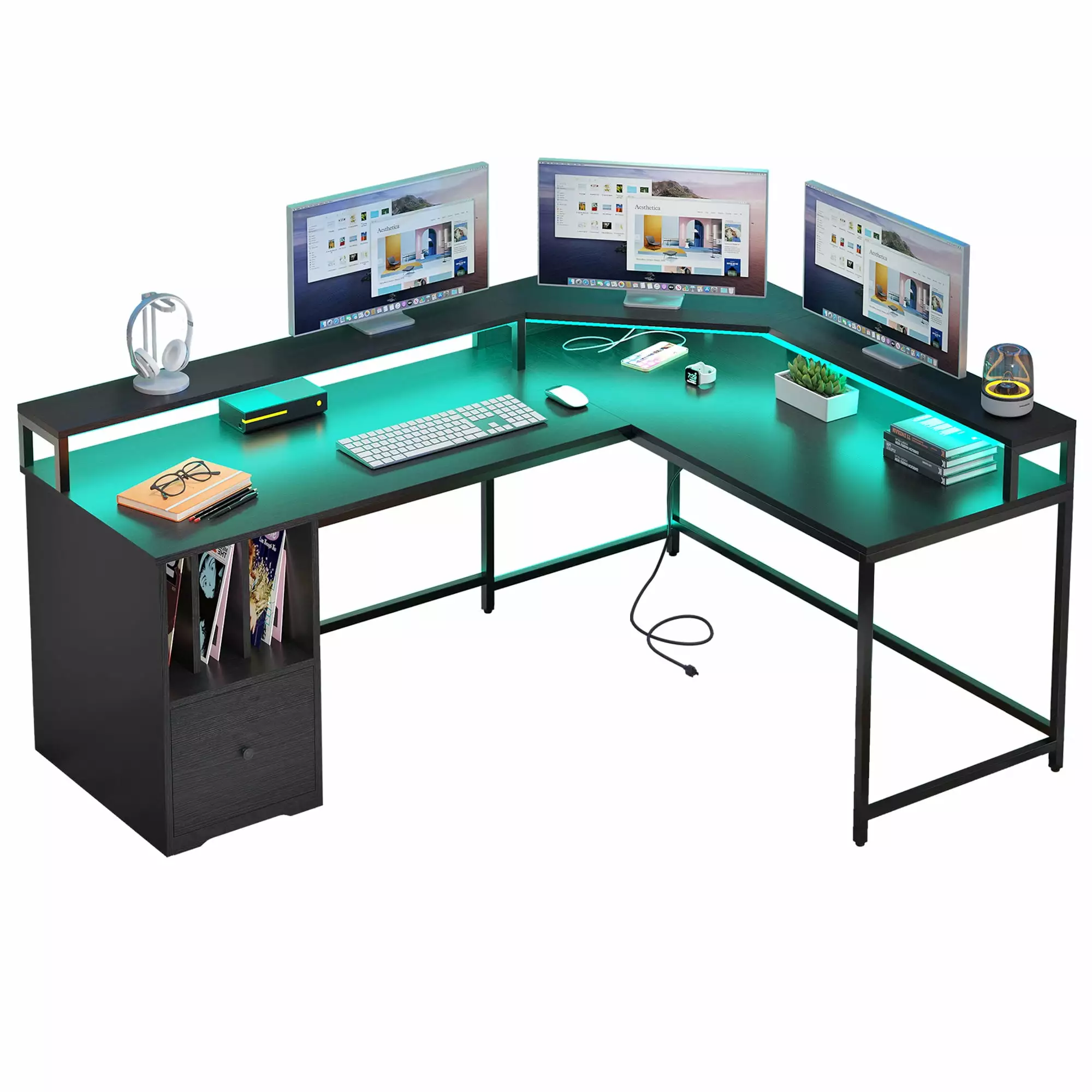 DWVO 67 Inch L Shaped Desk LED Light Power Outlets Black Corner Gaming Desk