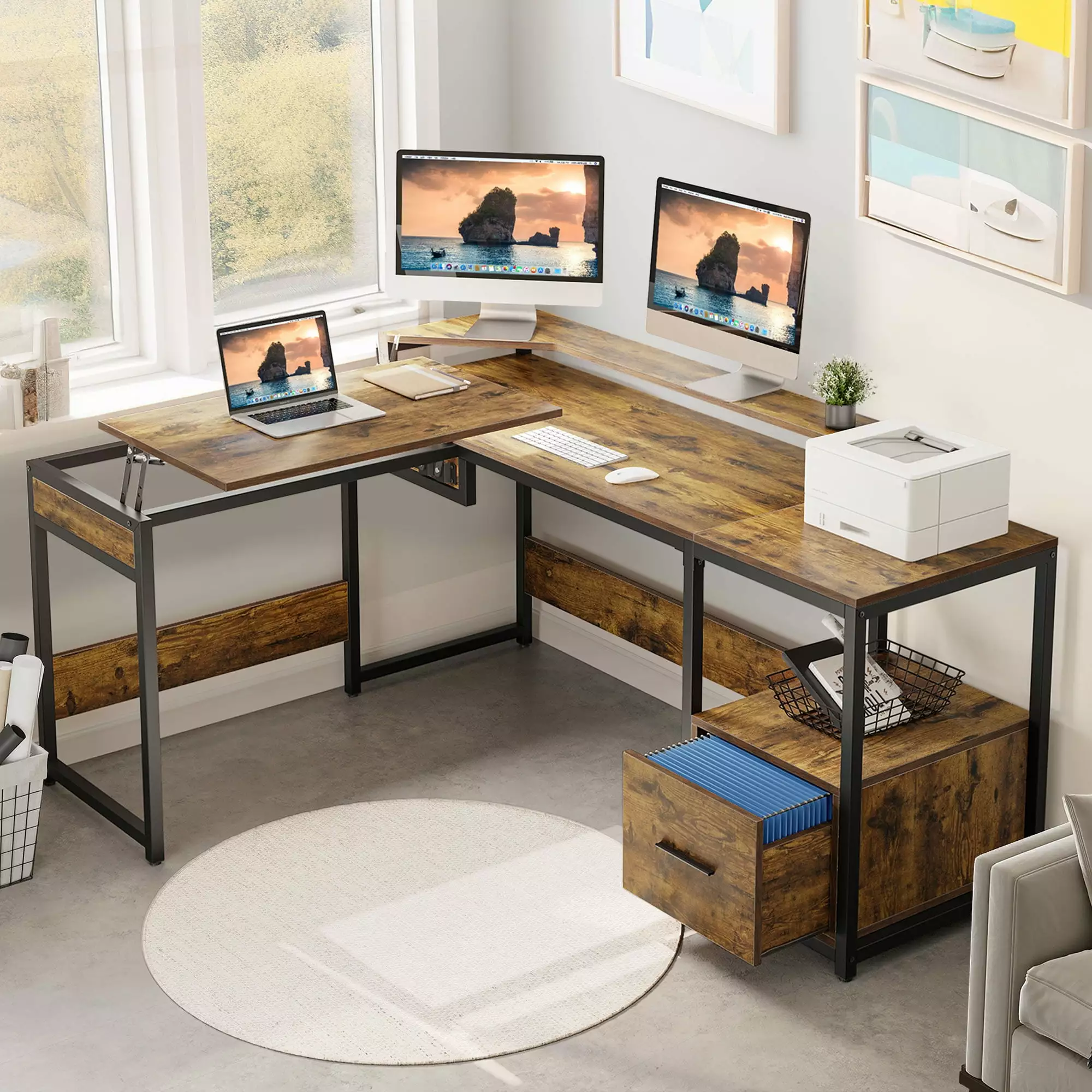 DWVO L Shaped Computer Desk File Drawer 65 Inch Corner Home Office Desk Lift Top Rustic Brown