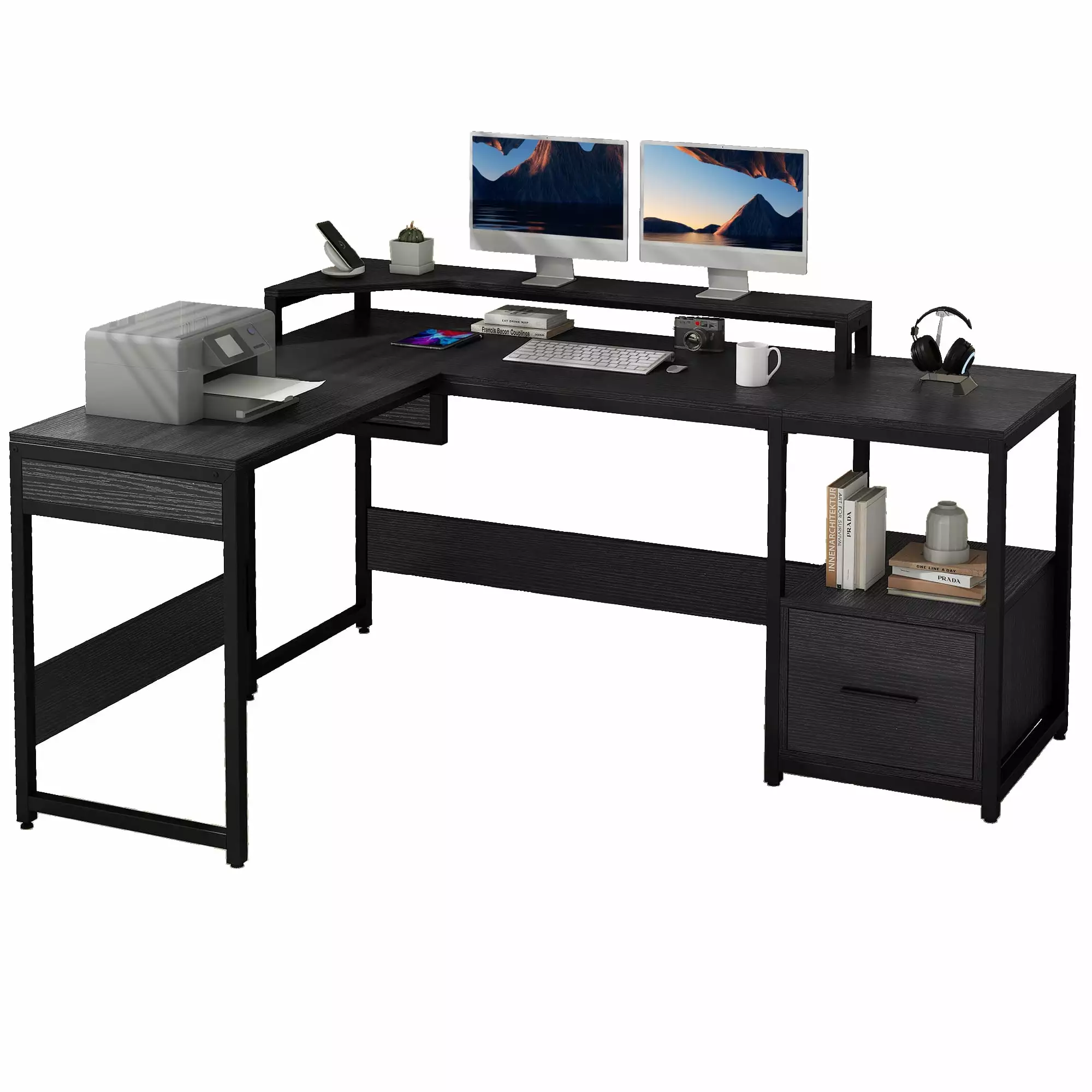 DWVO L Shaped Computer Desk File Drawer 65 Corner Home Office Desk Lift Top Black