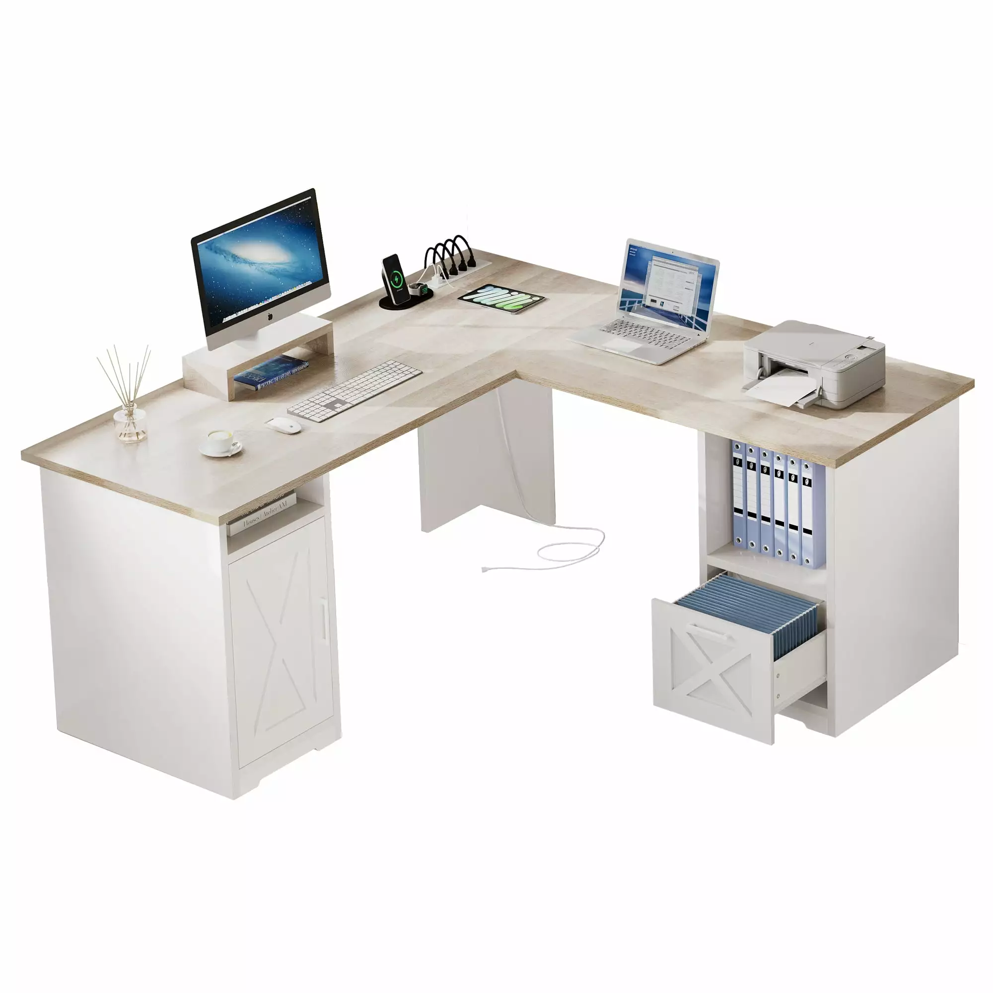 DWVO L Shaped Desk Drawers 60 Corner Computer Desk Power Outlets Home Office Desk Monitor Stand