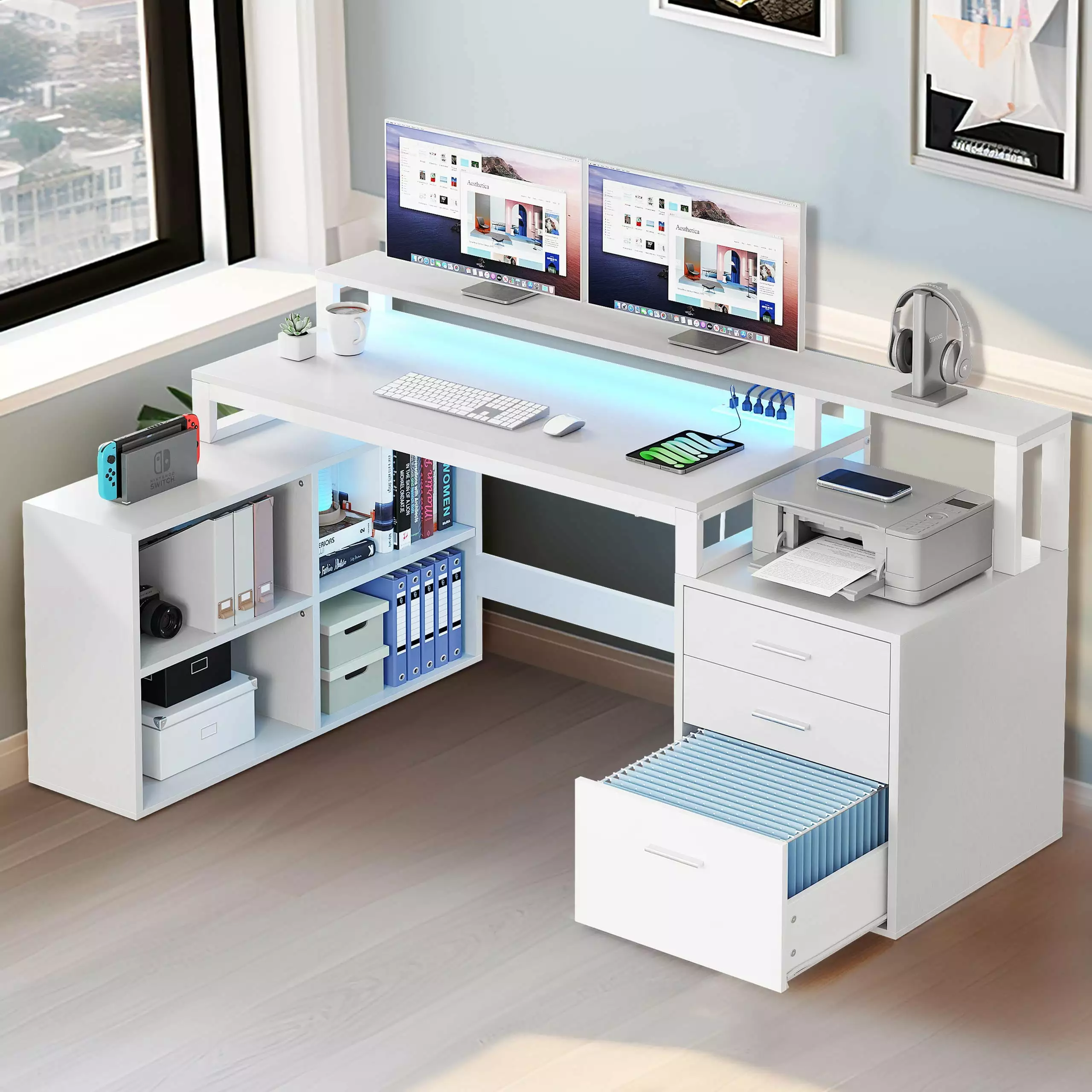 DWVO 65 L Shaped Desk LED Light & Power Outlets Home Office and Gaming