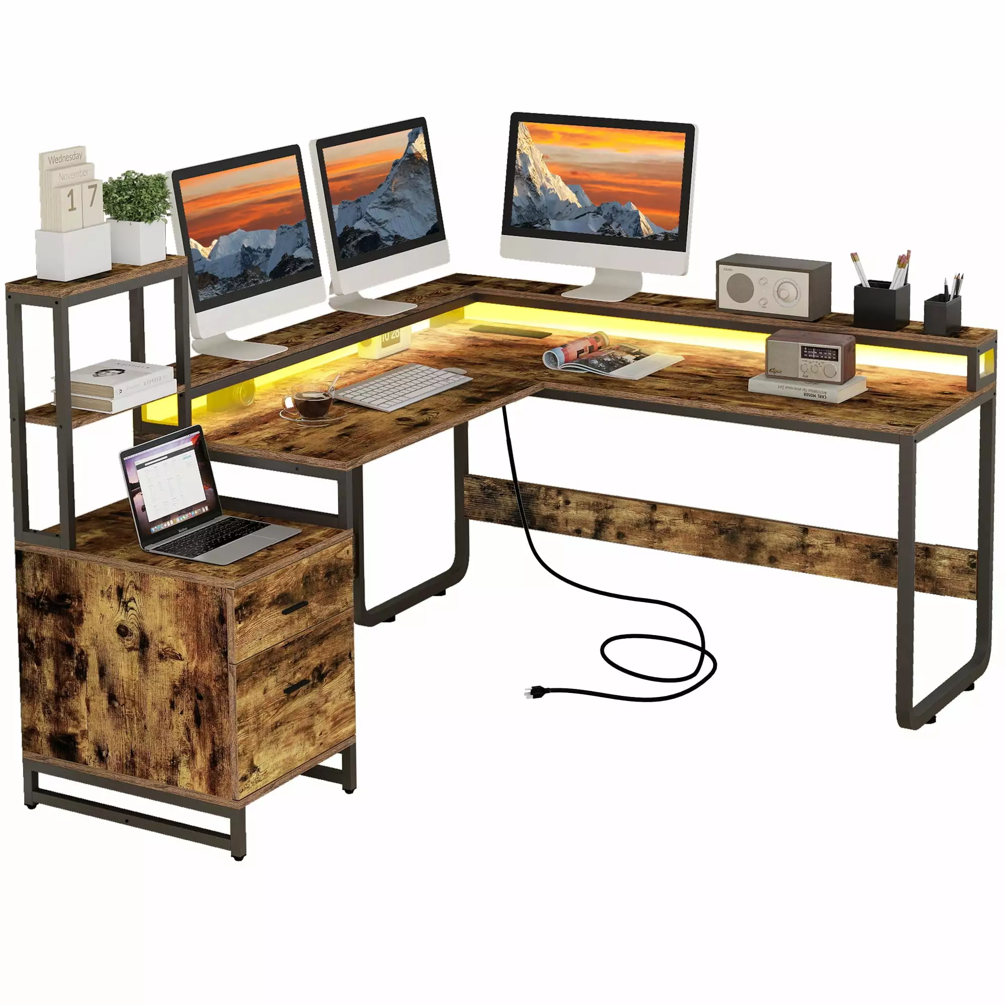 DWVO L Shaped Desk Power Outlets LED Lights Reversible Computer Desk Drawers Rustic Brown