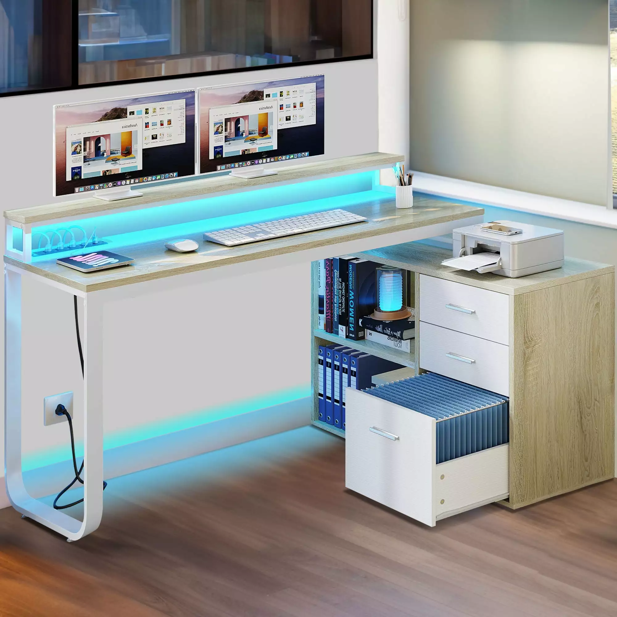 DWVO 55 L Shaped Desk Power Outlets and Monitor Stand - White Modern Home Office Desk LED Light