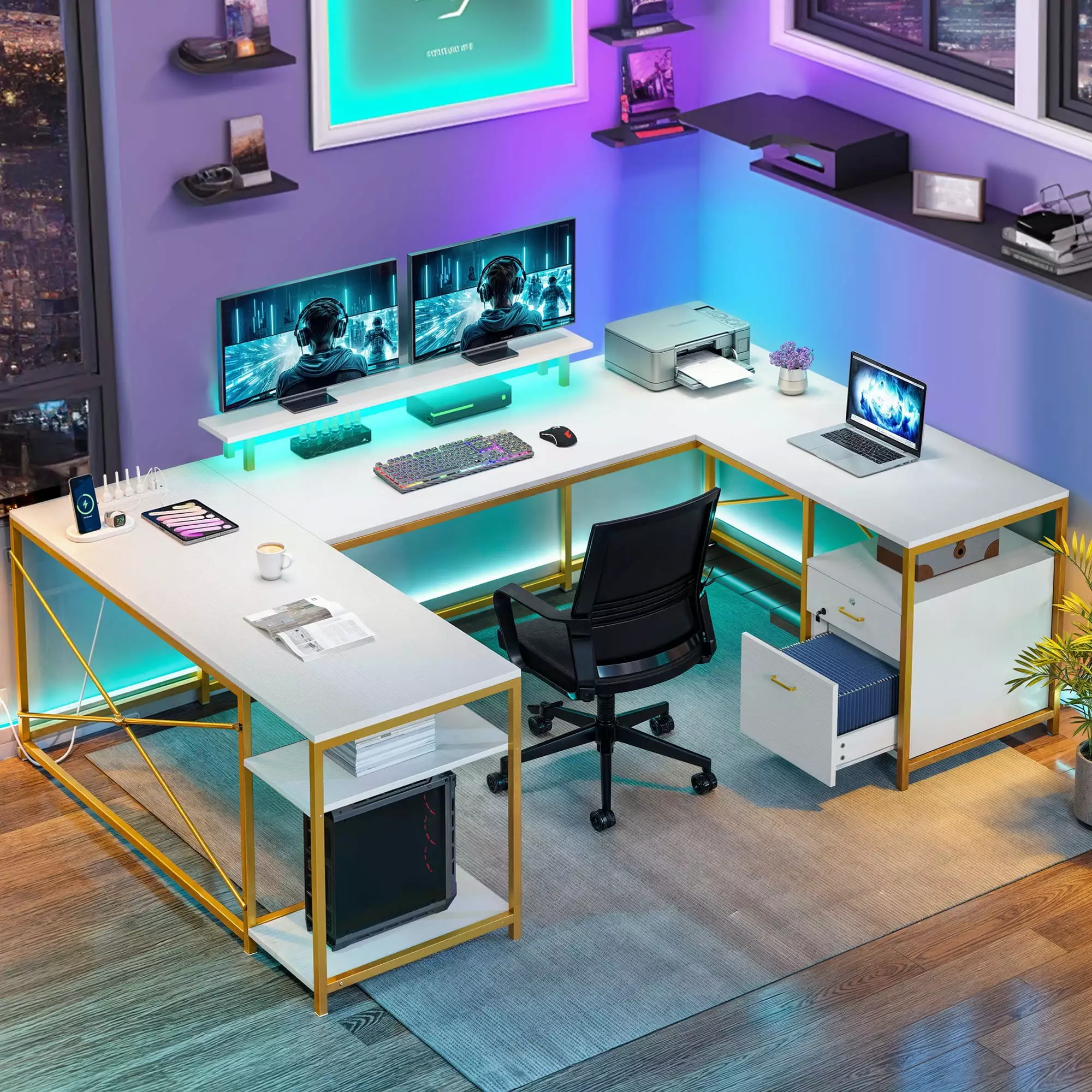 DWVO White L Shaped Desk Power Outlets LED Lights and Storage Shelves