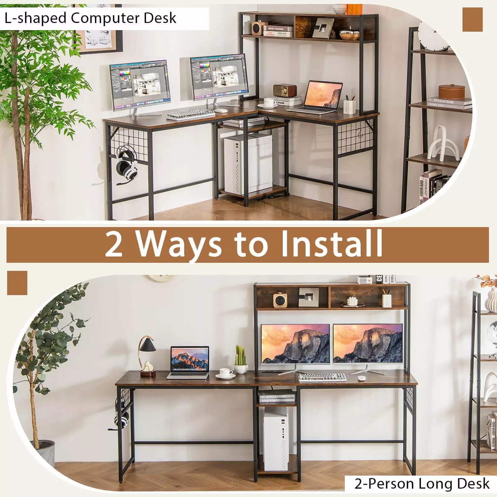 Exdeerjoy L-shaped Desk Power Outlet Large Corner Desk Converts to 2-Person Long Desk
