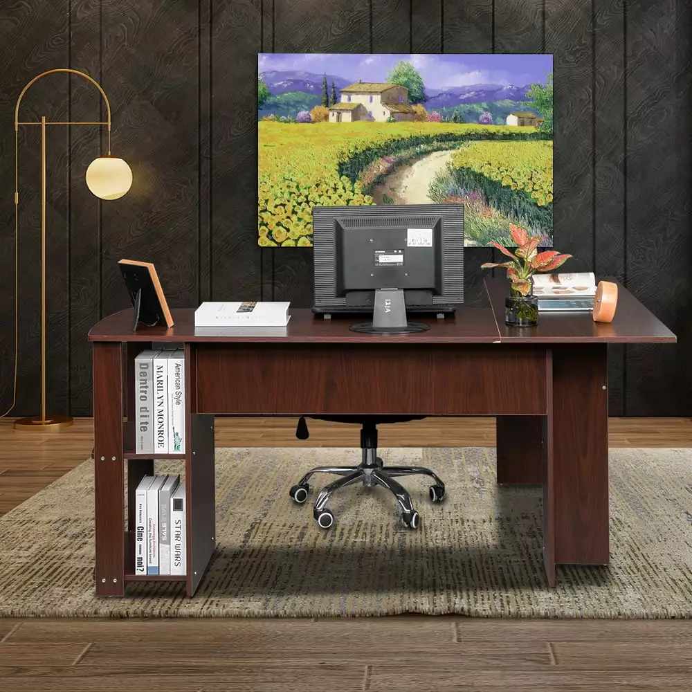L-Shaped Wood Right-Angle Computer Desk Two-Layer Bookshelves Fantadool