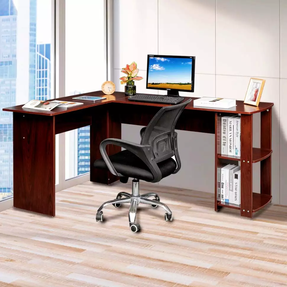FCH L-Shaped Computer Desk Workstation Shelves - Dark Brown Office Furniture