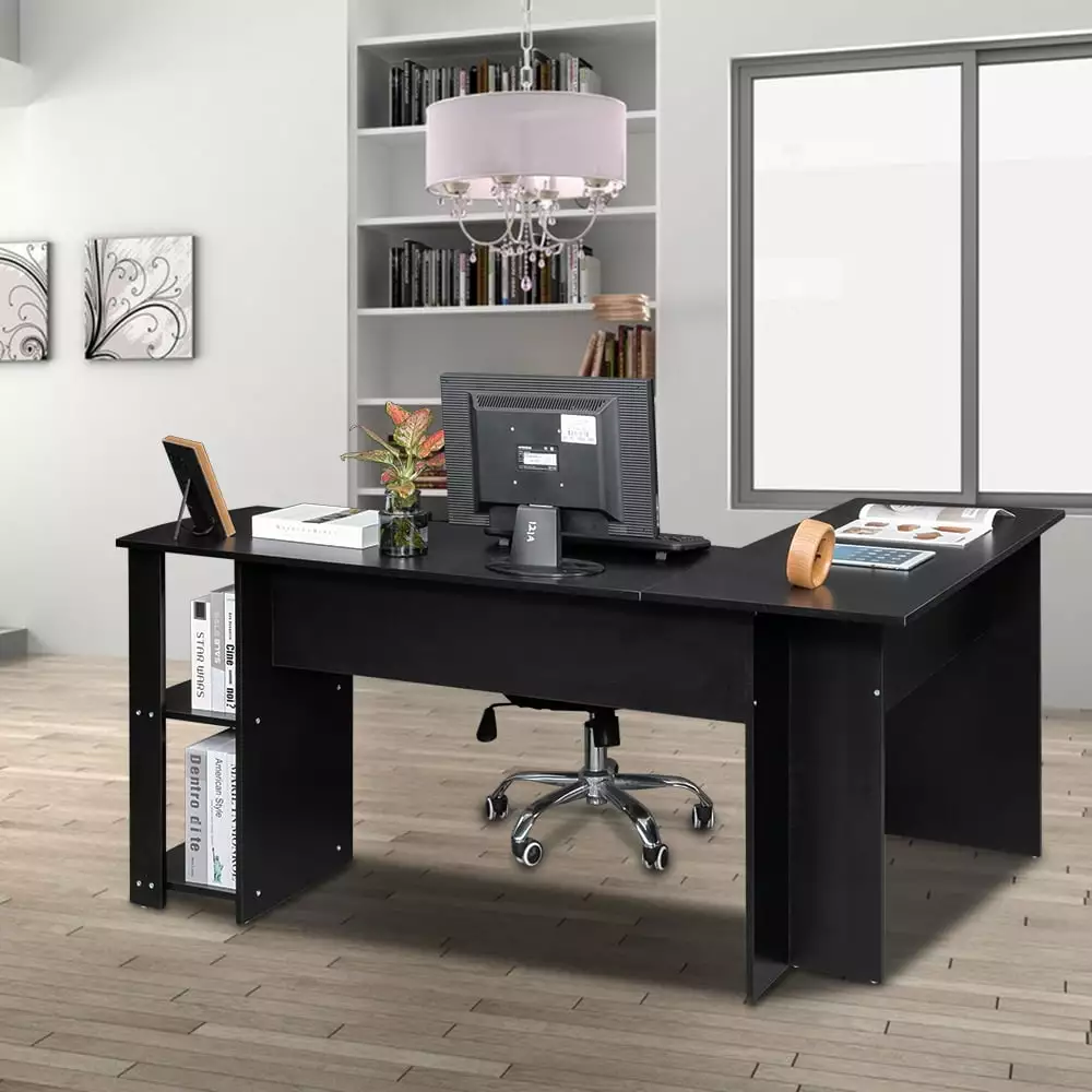 iTopRoad Modern L-Shaped Desk Corner Computer Desk Laptop and Study Black Home Office FCH