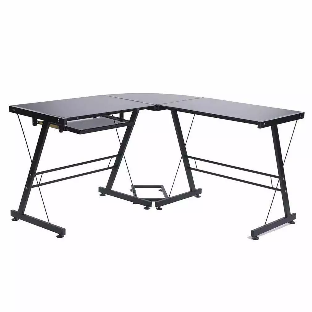 SamyoHome L-Shape Computer Desk Laptop Table Workstation Black Glass FCH