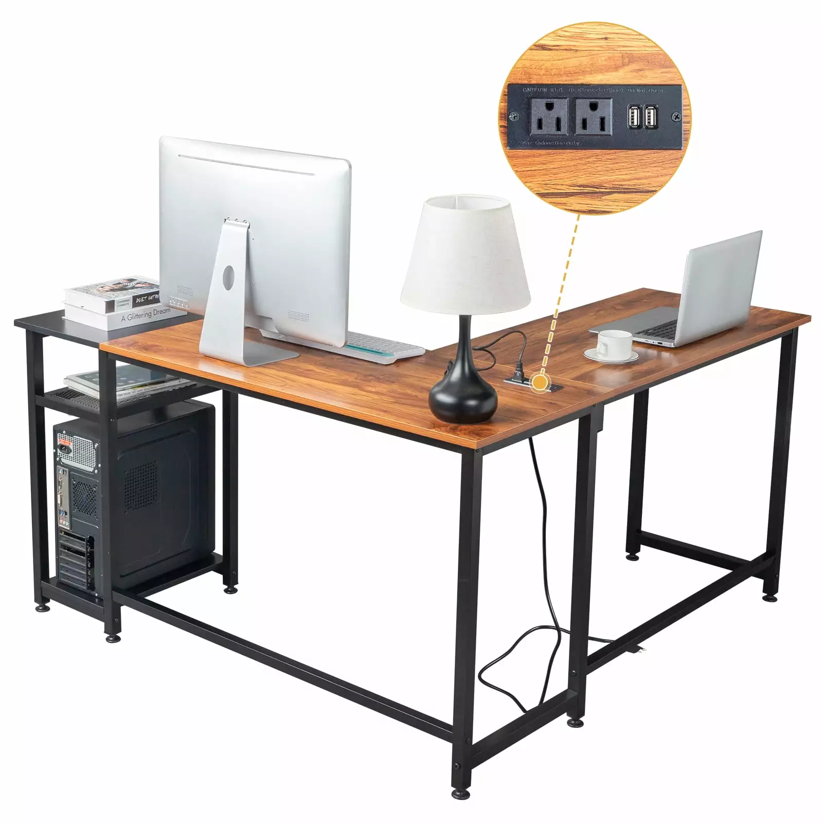 SamyoHome L-Shaped Computer Desk USB Charging Station Corner Desk Laptop Study Table Desk Home Office Rustic Brown+Black FCH