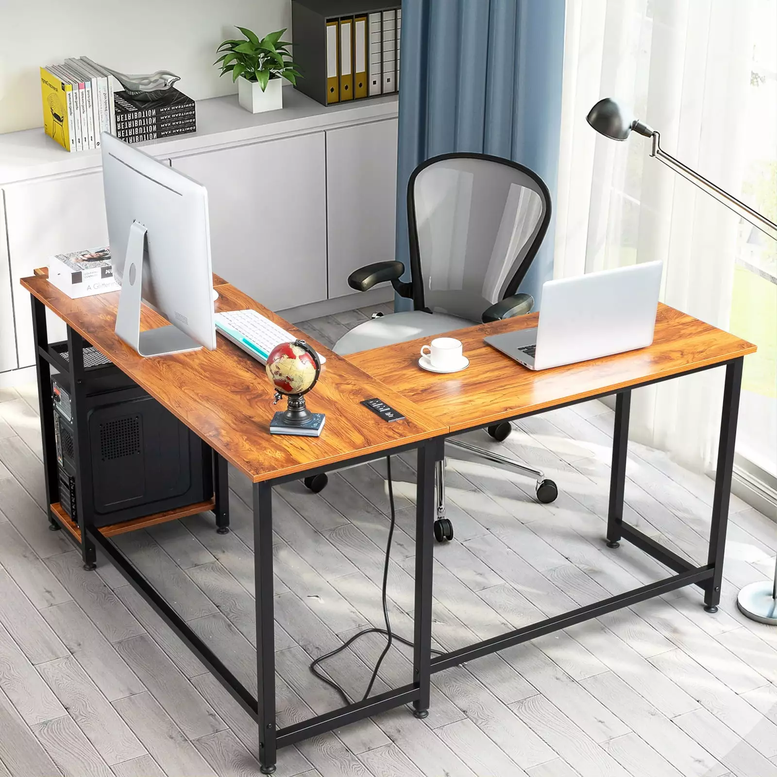 SamyoHome L-Shaped Computer Desk USB Charging Station Corner Desk Laptop Study Table Desk Home Office Rustic Brown FCH
