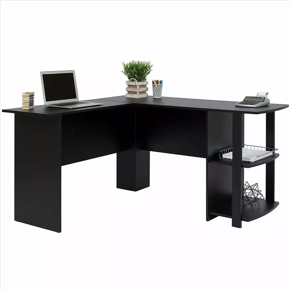 UBesGoo Wood L-Shaped Office Computer Desk Corner Writing Table Shelves Black Finish FCH