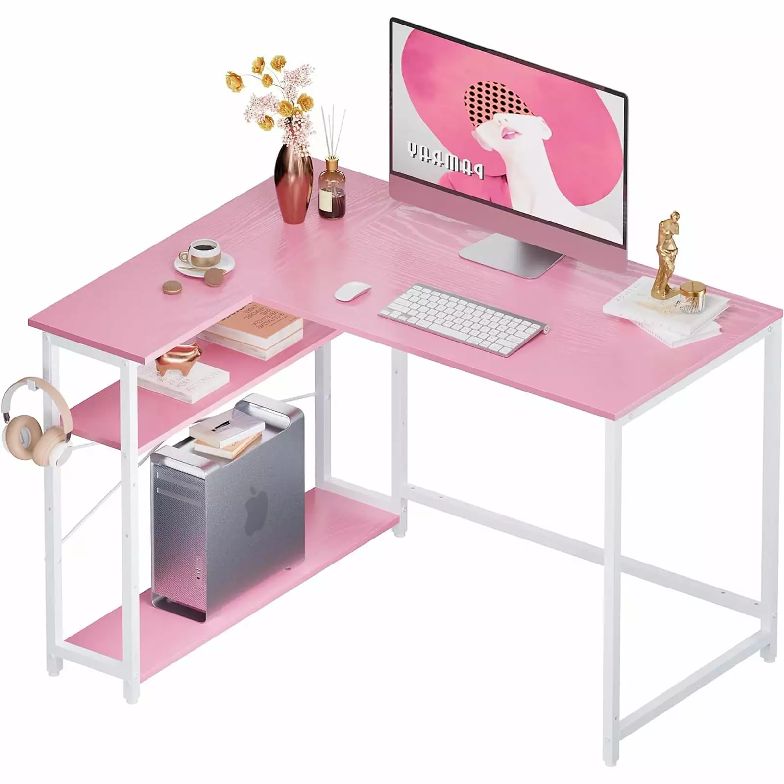 WM 43 Inch L-Shaped Computer Desk Pink Gray Legs Small Space Home Office Desk FHWM-C