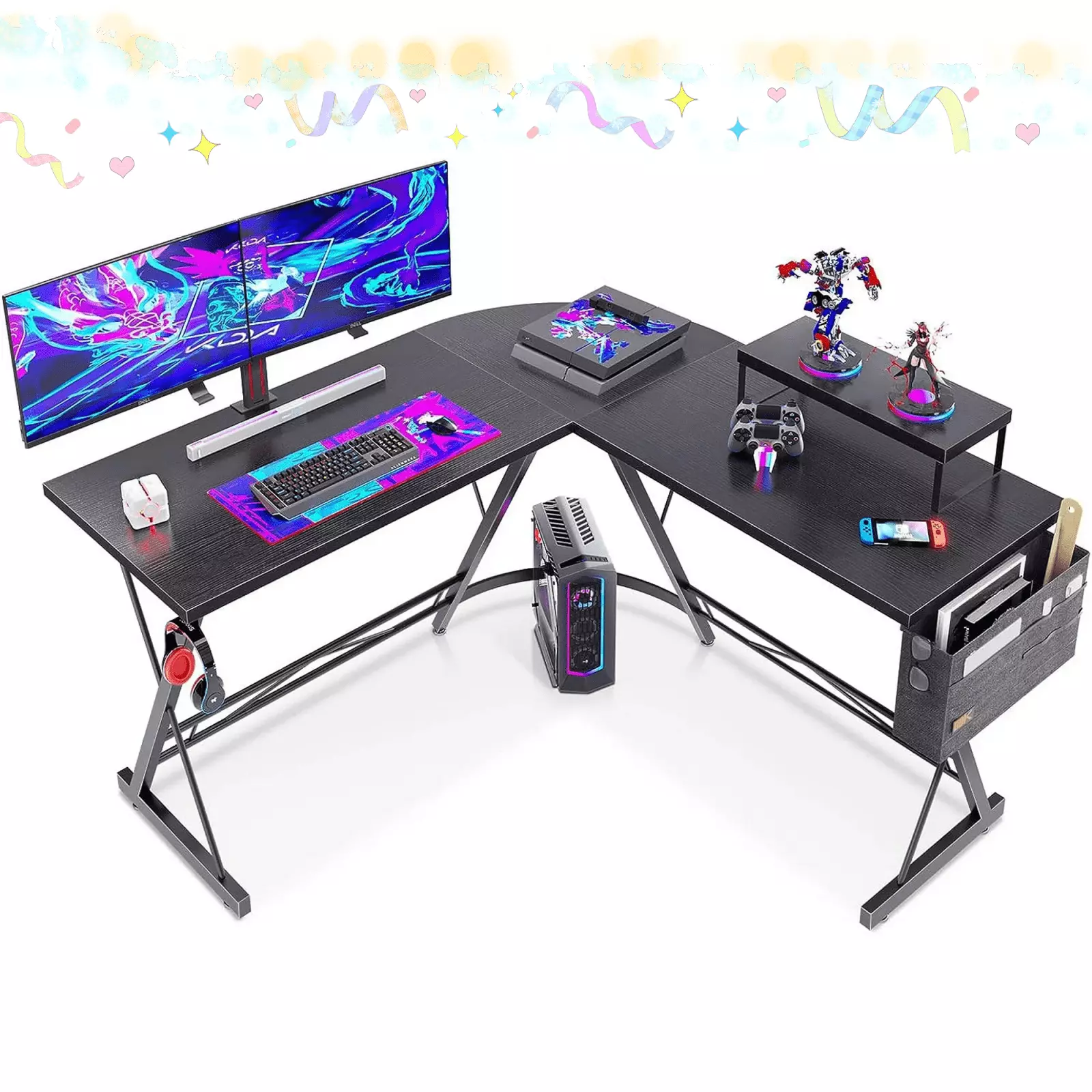 51 Inch L-Shaped Computer Desk Monitor Stand Natural Black Color Multifunctional Workstation Gaming and Office Use FHWM2