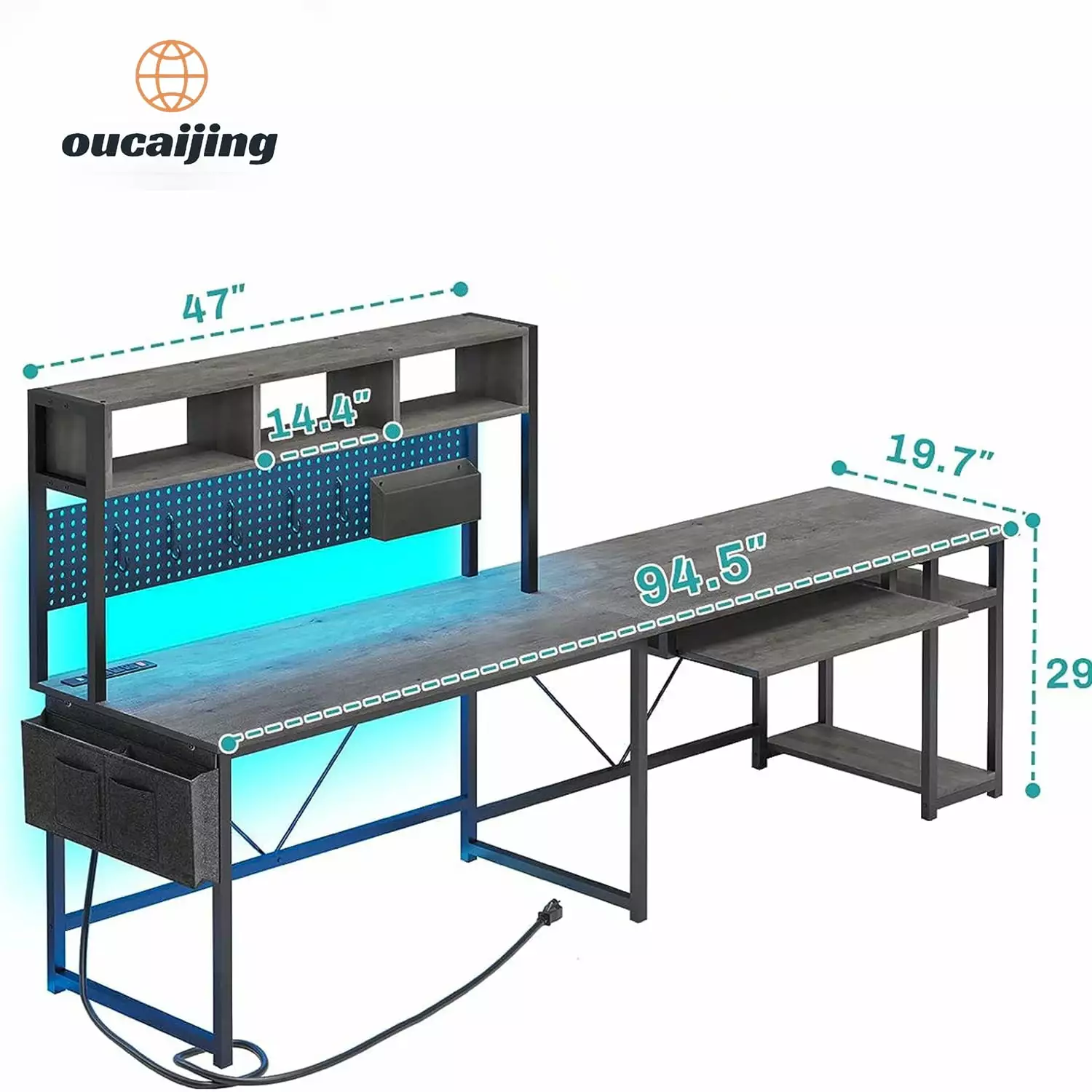 L Shaped Desk 94.5 Inch Home Office Desk Power Outlet Pegboard L Shaped Gaming Desk LED Light Keyboard Tray FHWMHVXC