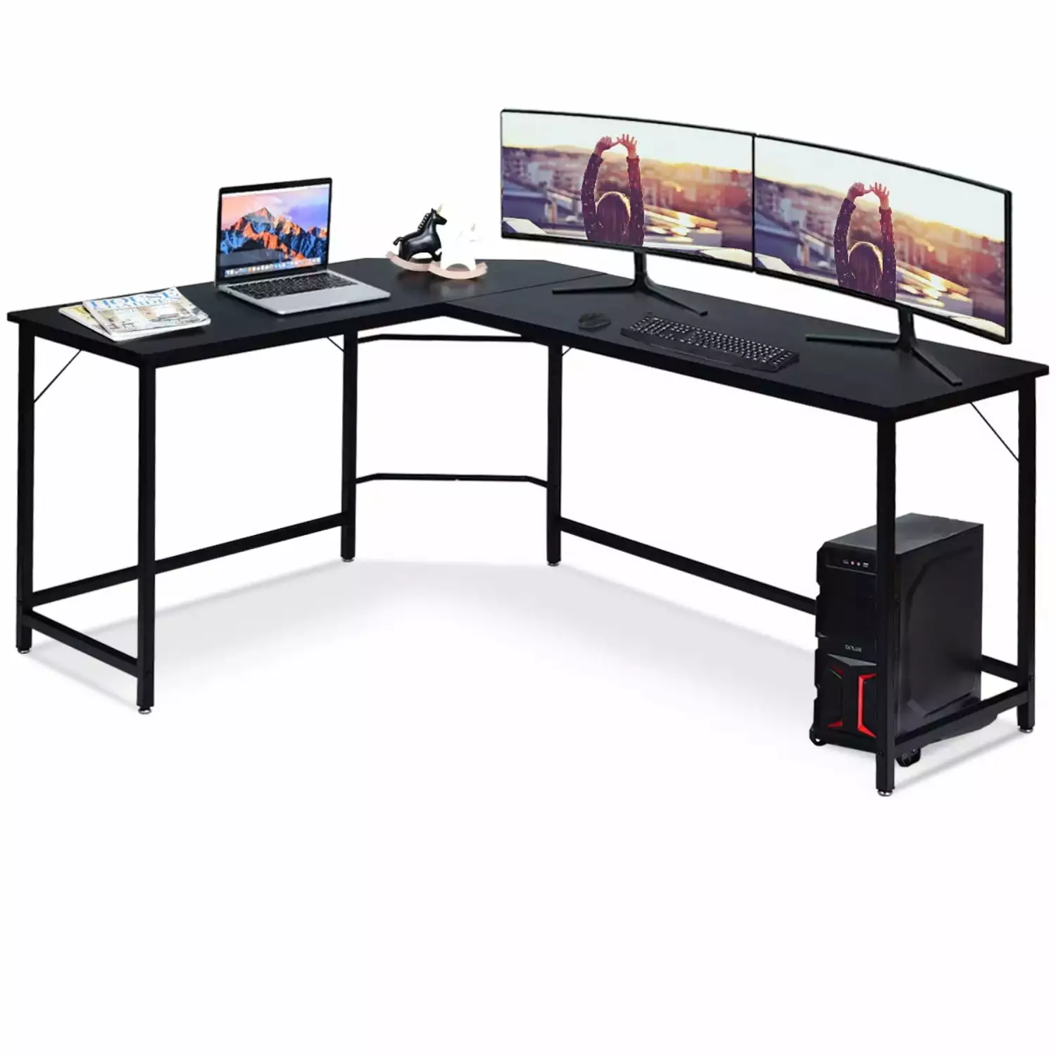 Black L-Shaped Computer Desk Adjustable Foot Pads Study Gaming Table Home Office FHWMljx