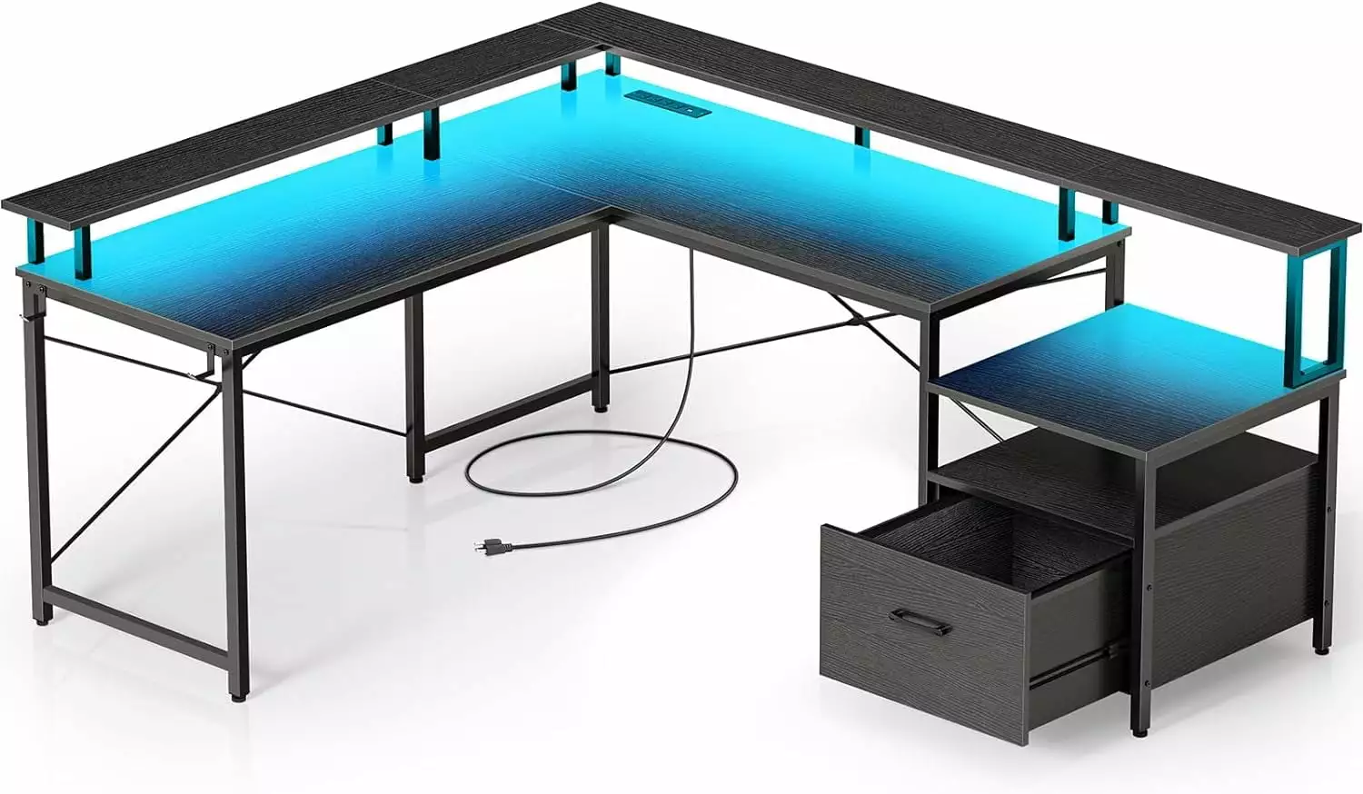 68 Inch L Shaped Computer Desk Power Outlet LED Strip and File Drawer Gaming and Home Office FHWMXDX