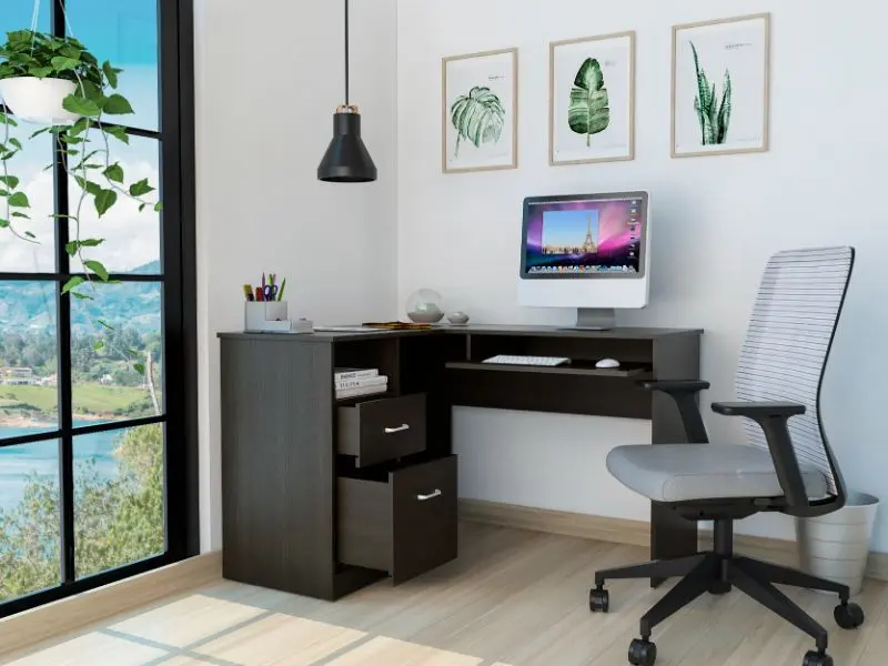 Raleigh L Shaped Desk Two Drawers One Shelf CPU Storage Black Office Desk fm furniture