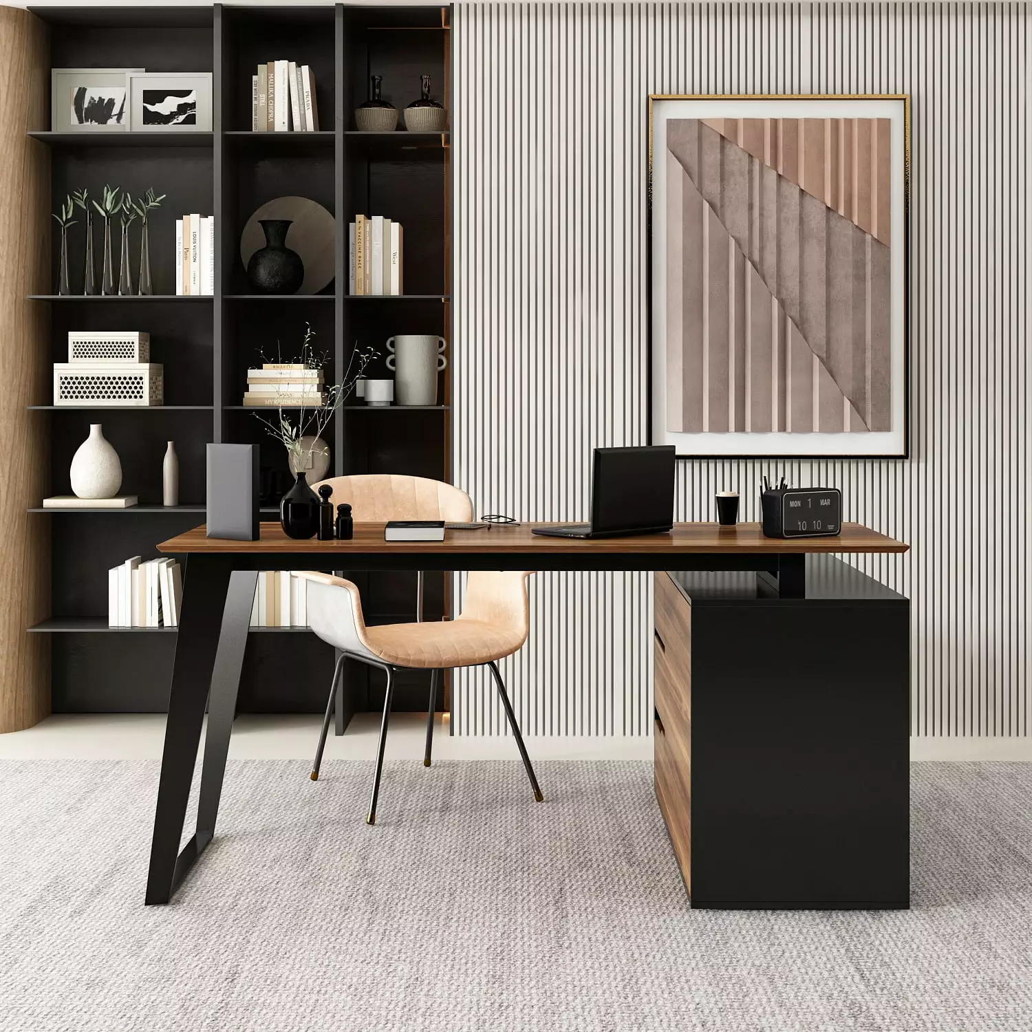 FUFU&GAGA L Shaped Computer Study Desk Cabinet and 3 Drawers Corner Writing Workstation Table Home Office Walnut FUFU & GAGA