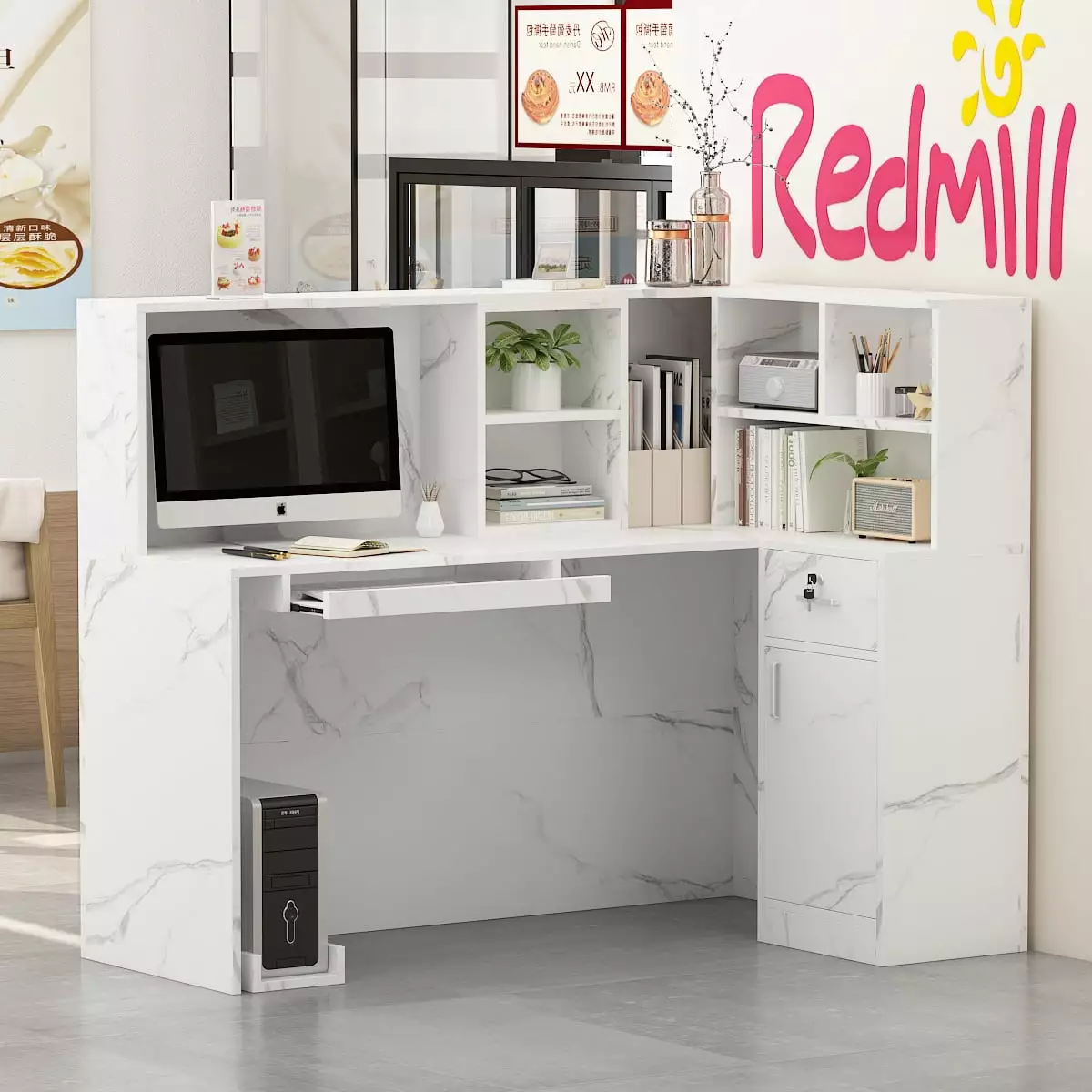 L-Shape Reception Stations Open Shelf and Drawers Office Workspace FUFU & GAGA