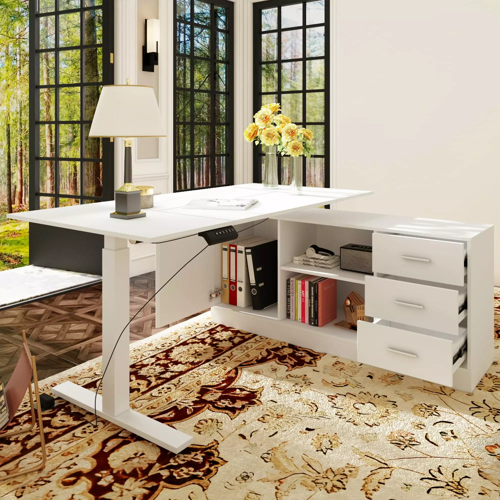 L Shaped Desk File Cabinet and Electric Height Adjustable Standing Desk White FUFU & GAGA
