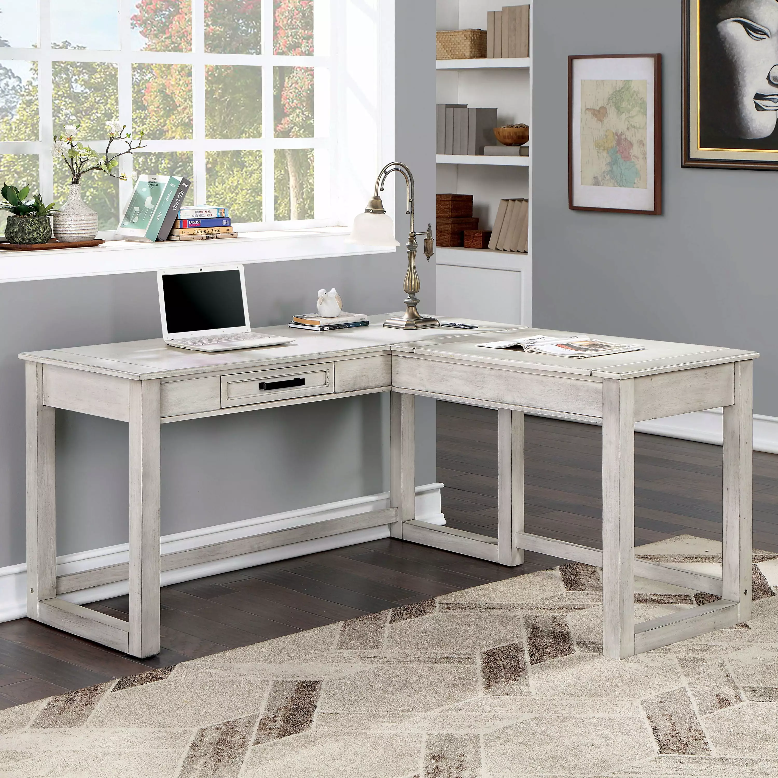 Furniture America Kavisa Wood Antique White Lift-top L-Shaped Corner Desk - Space Saving Office Desk