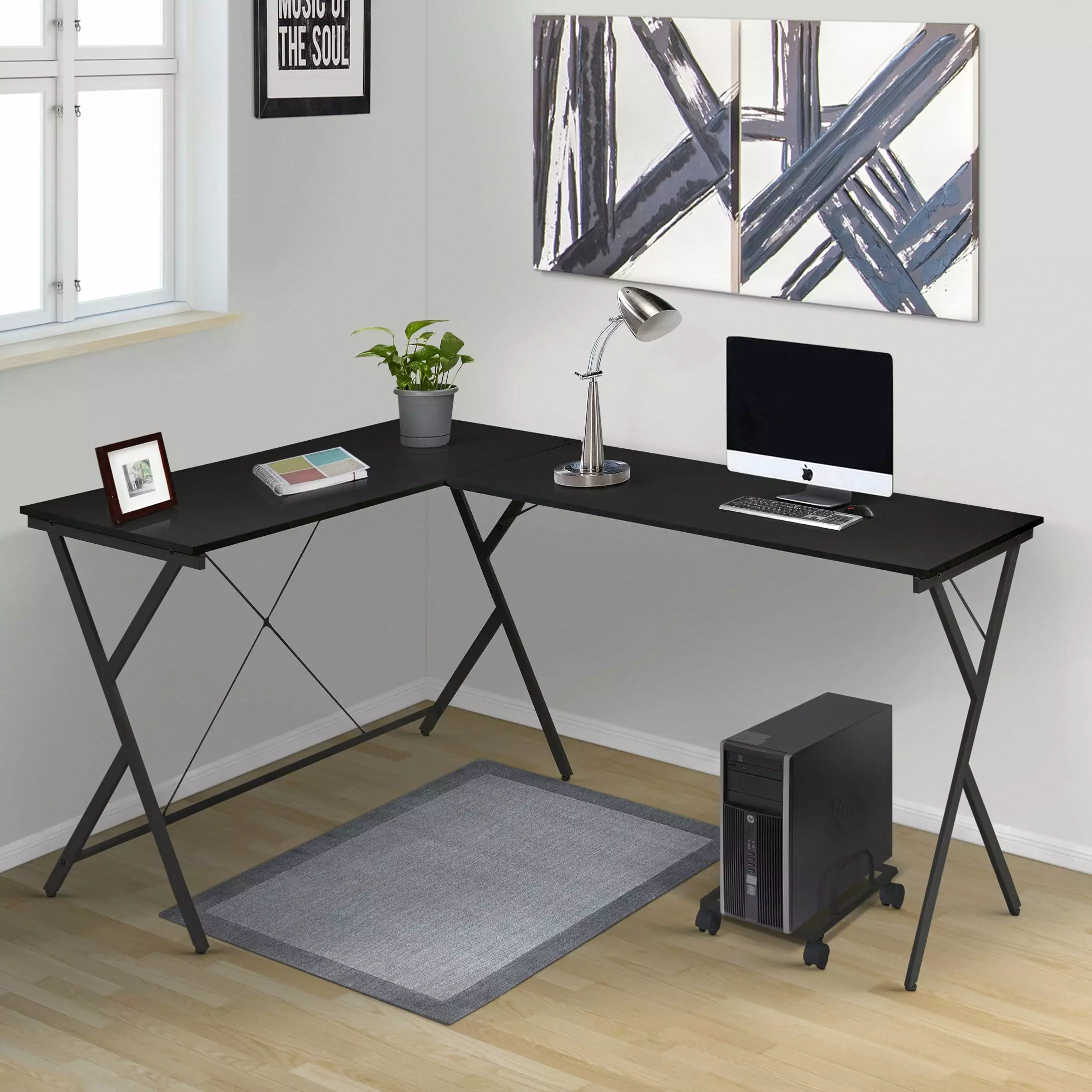 GeeHome Black L-Shaped Computer Desk CPU Holder - Home Office Workstation