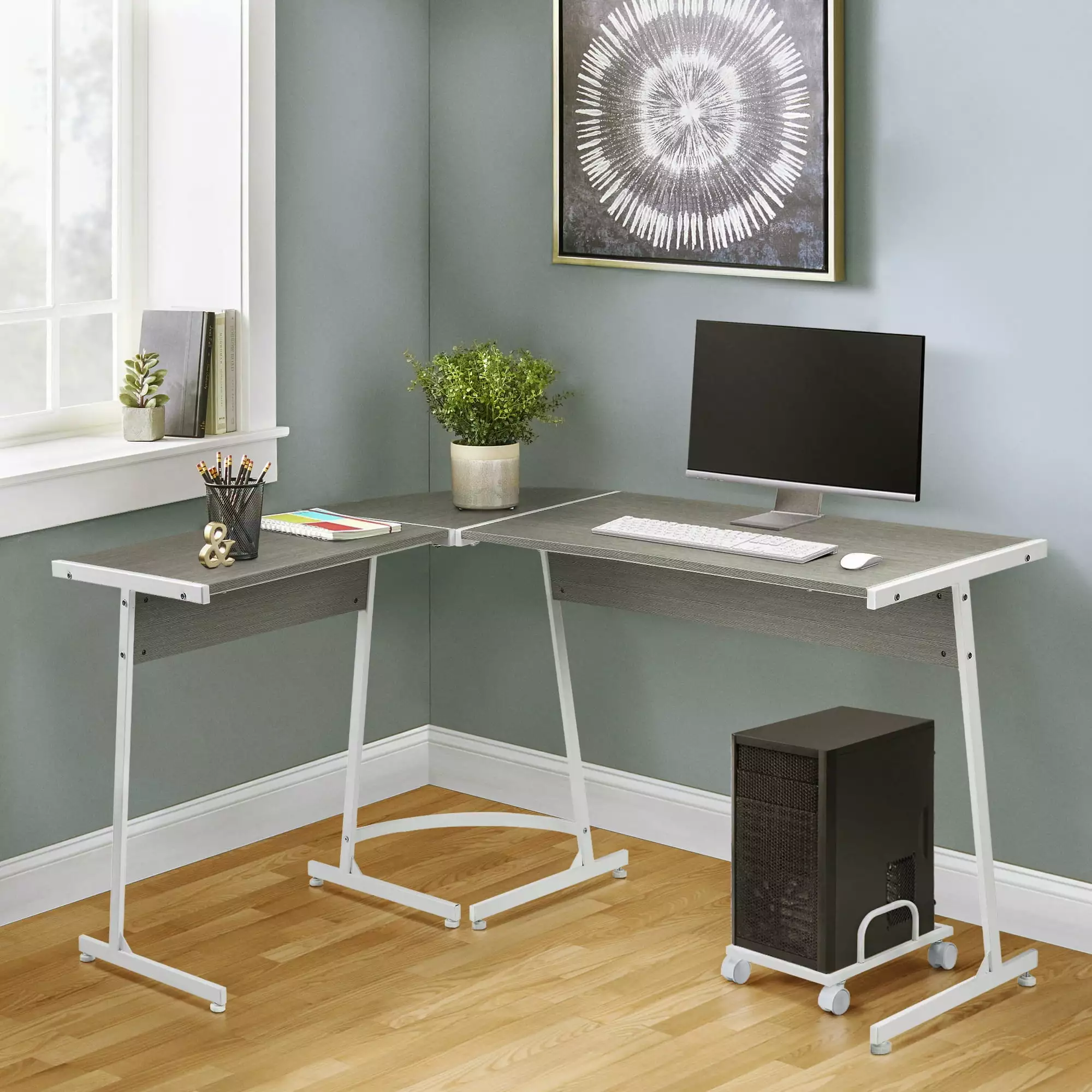 GeeHome Grey and White L-Shape Computer Desk Modern Home Office Desk