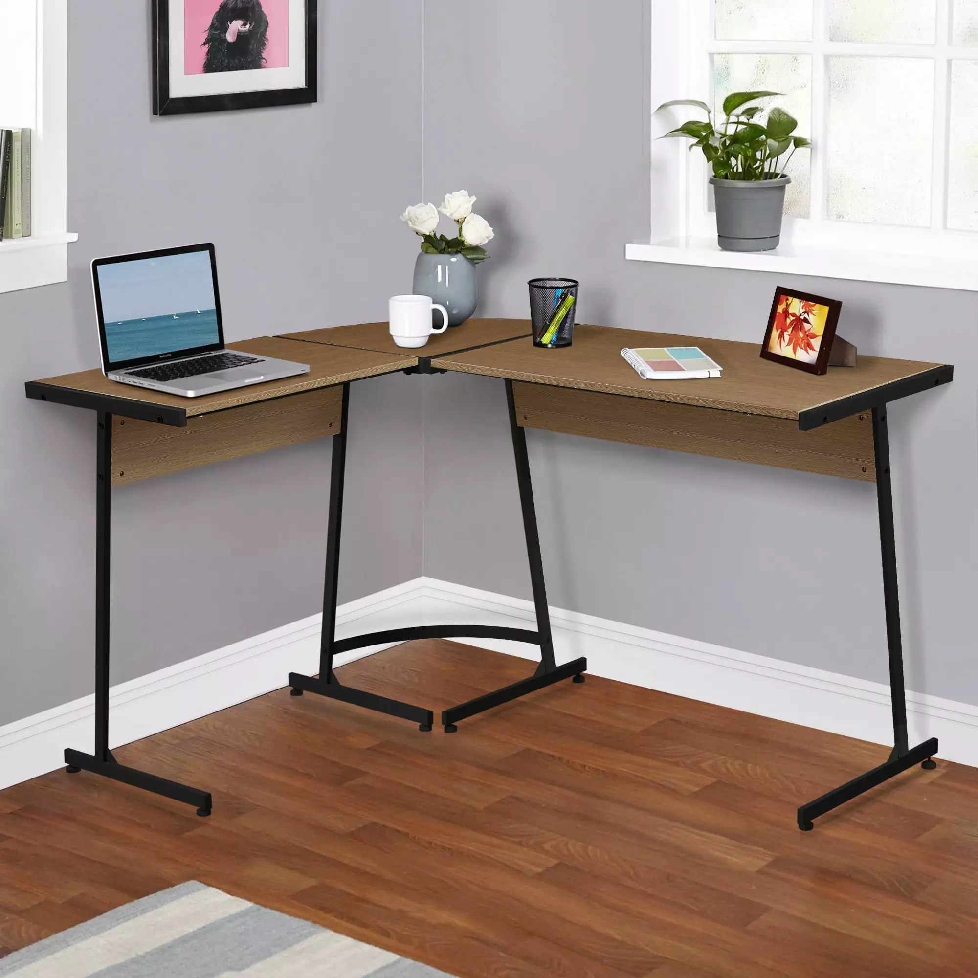 GeeHome Oak and Black L-Shape Computer Desk Stylish Workstation