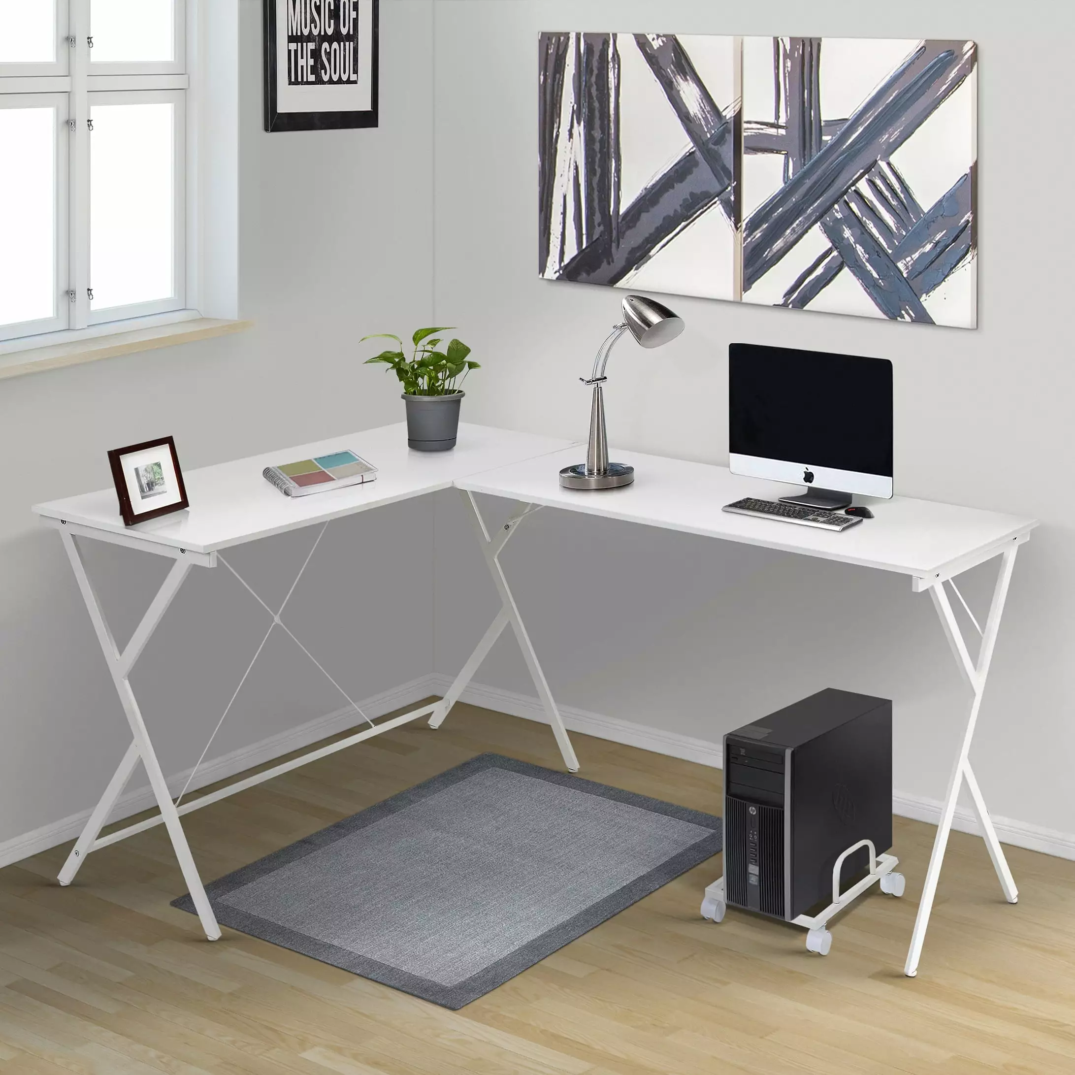 GeeHome White L-Shaped Computer Desk CPU Holder Home Office