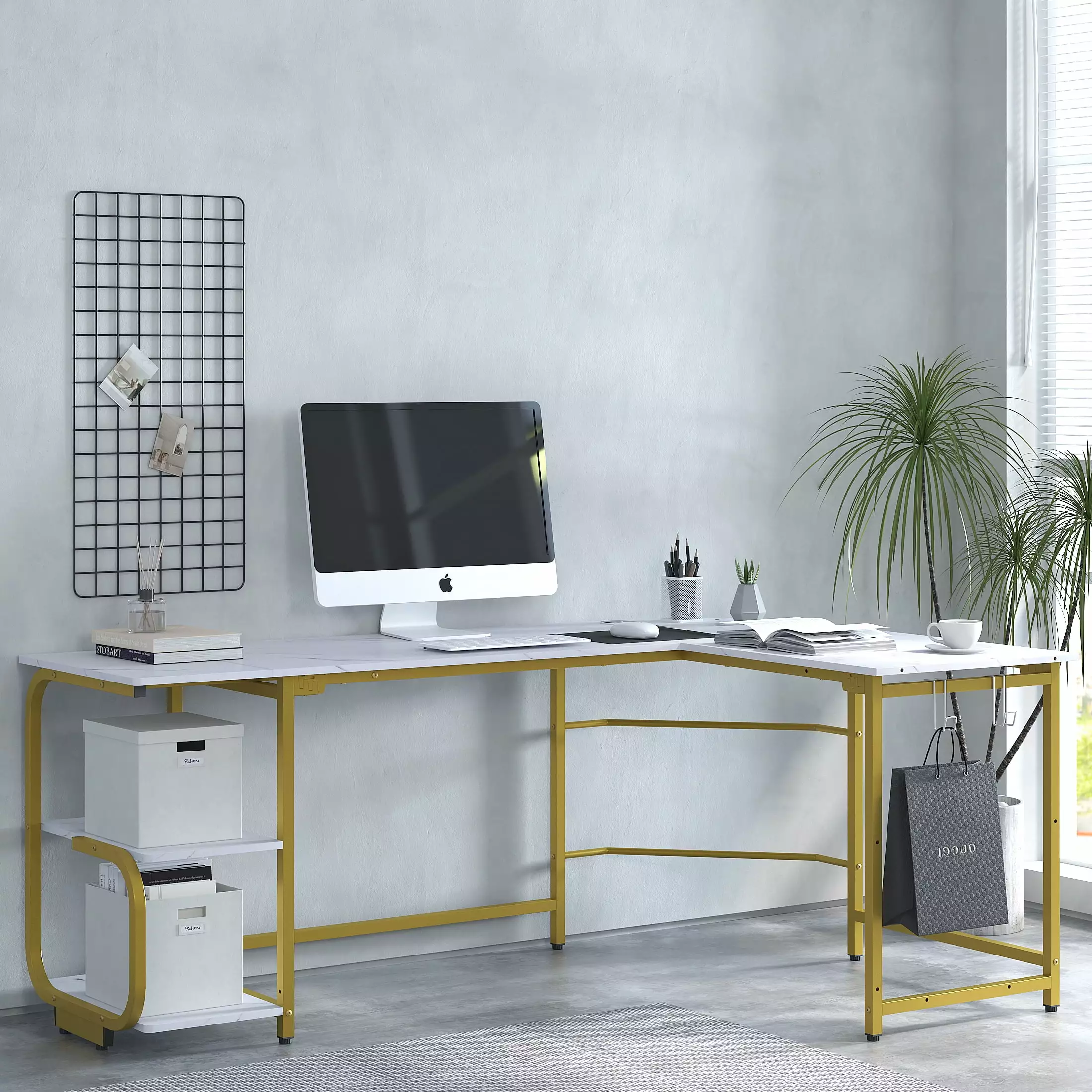 GEZEN 70 L Shape Computer Desk Bookshelf Storage White Gold Frame