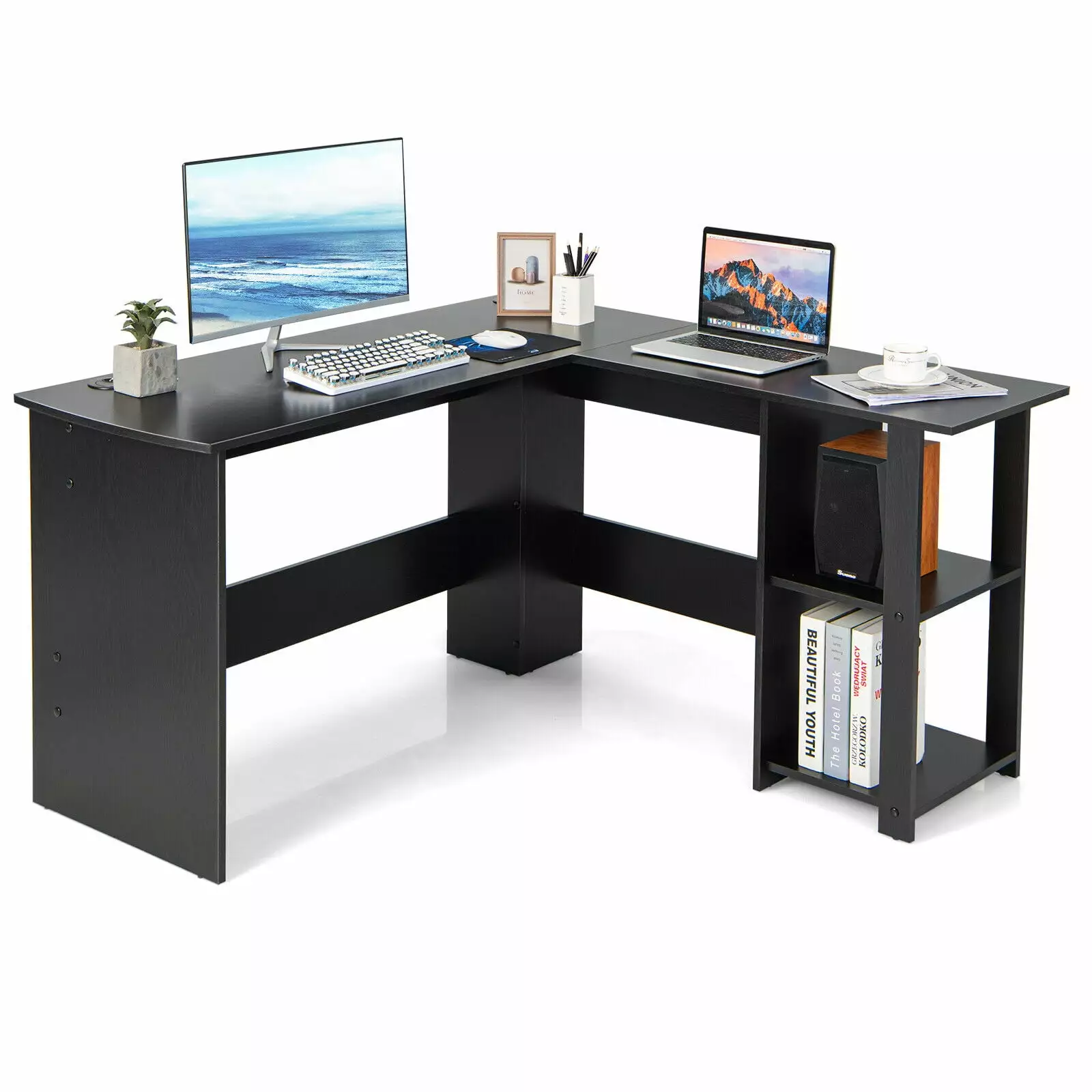 Gymax L-Shaped Office Computer Desk Spacious Desktop 2-Tier Open Shelves Black