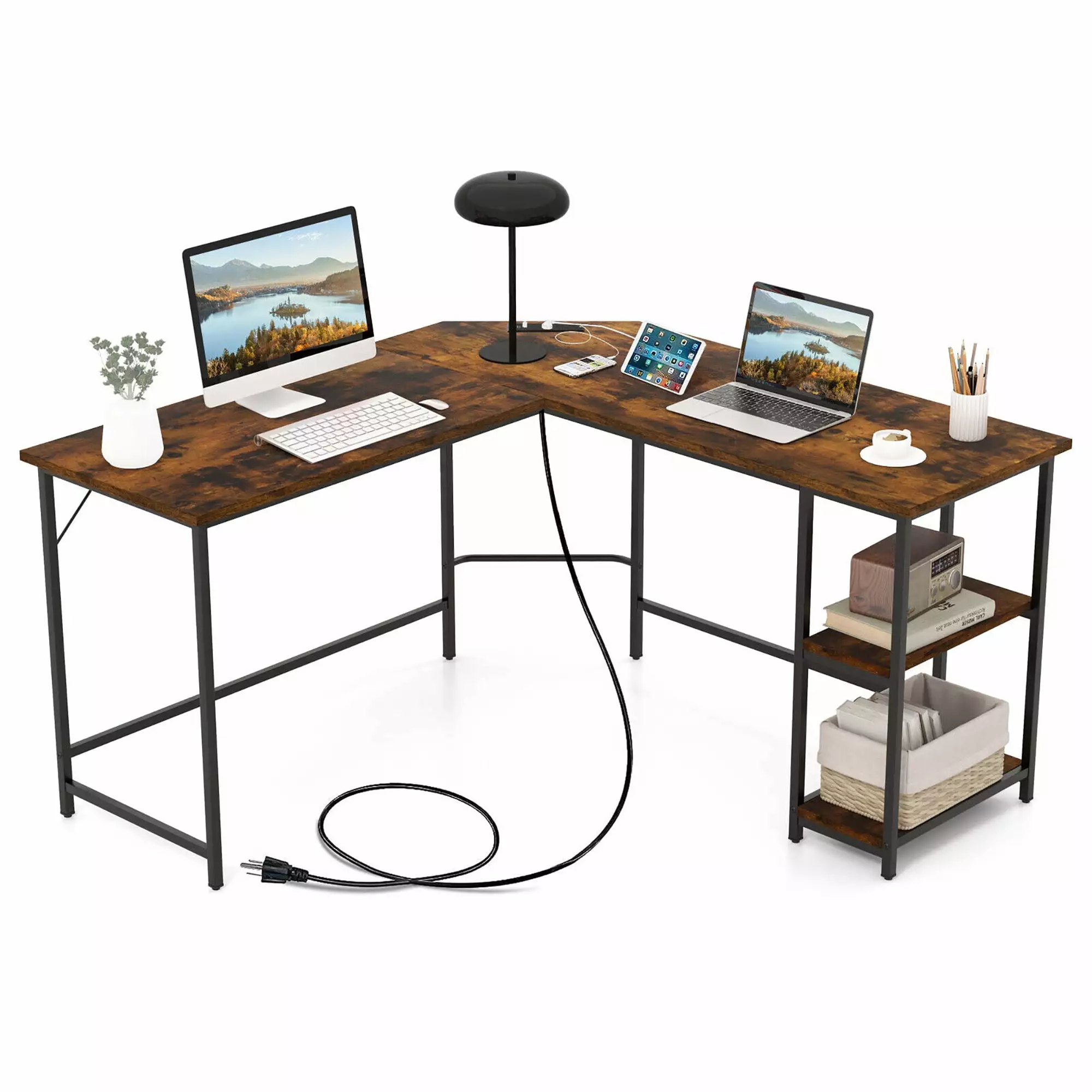 Gymax L Shaped Corner Computer Desk 54.5 Inch Office Workstation 2 Outlets and USB Ports