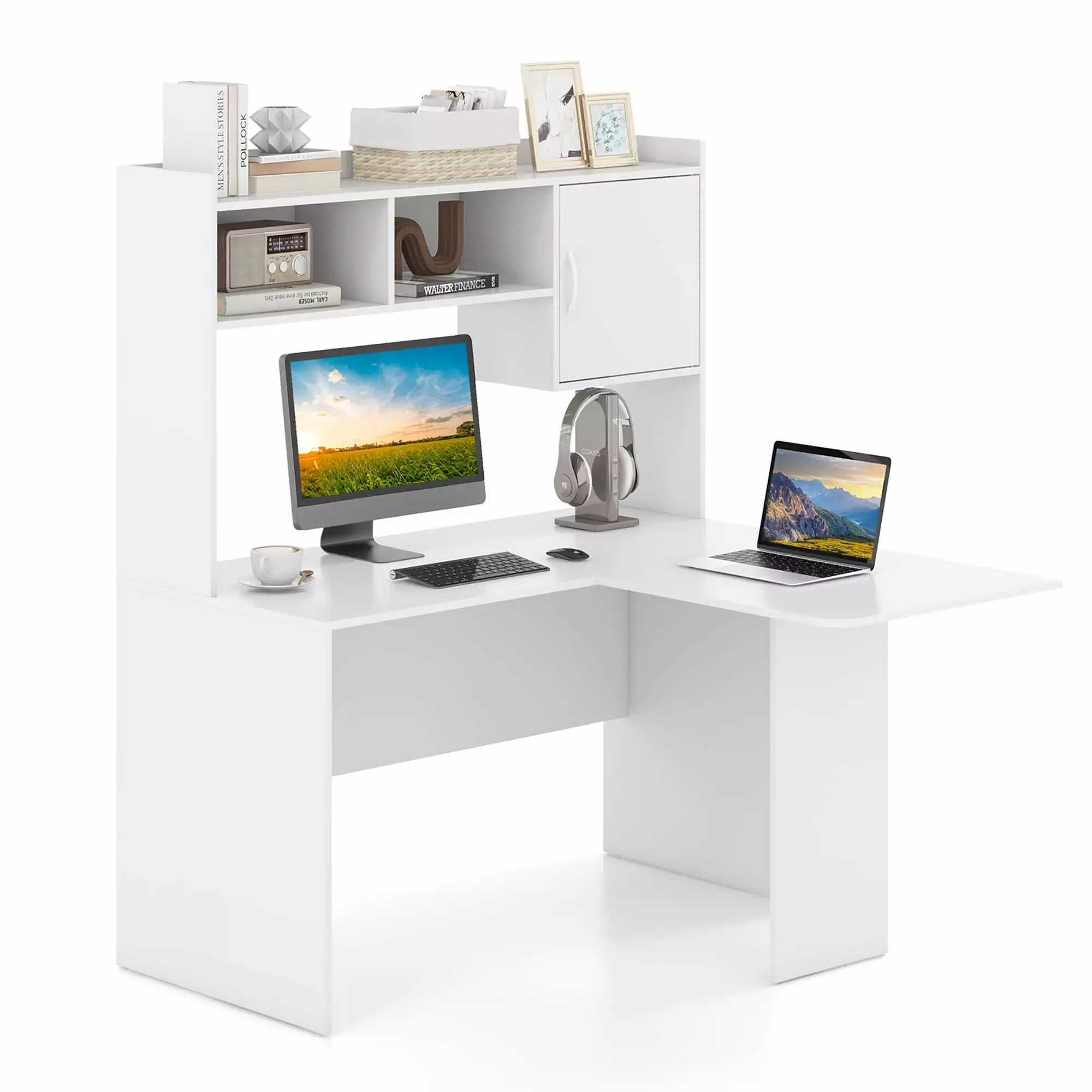 L-Shaped Desk Open Storage Hutch, Shelves, and Cabinet Gymax