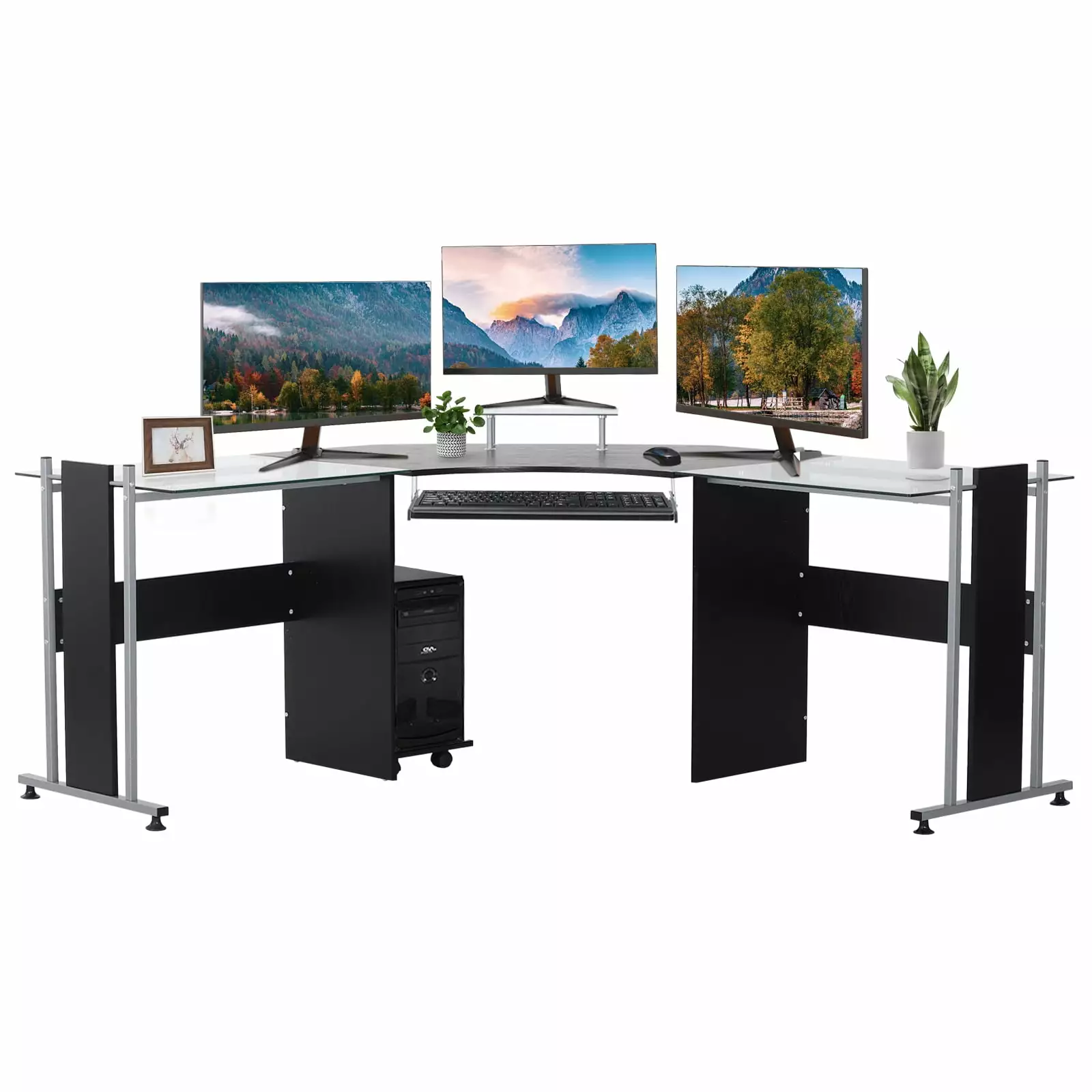 HOMCOM 69 Modern L-Shaped Tempered Glass Office Computer Desk Monitor Stand Rolling CPU Holder Black