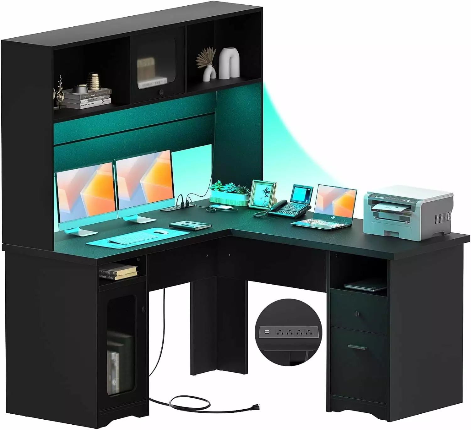 Homieasy Black L Shaped Desk Power Outlet LED Lights and Storage Hutch